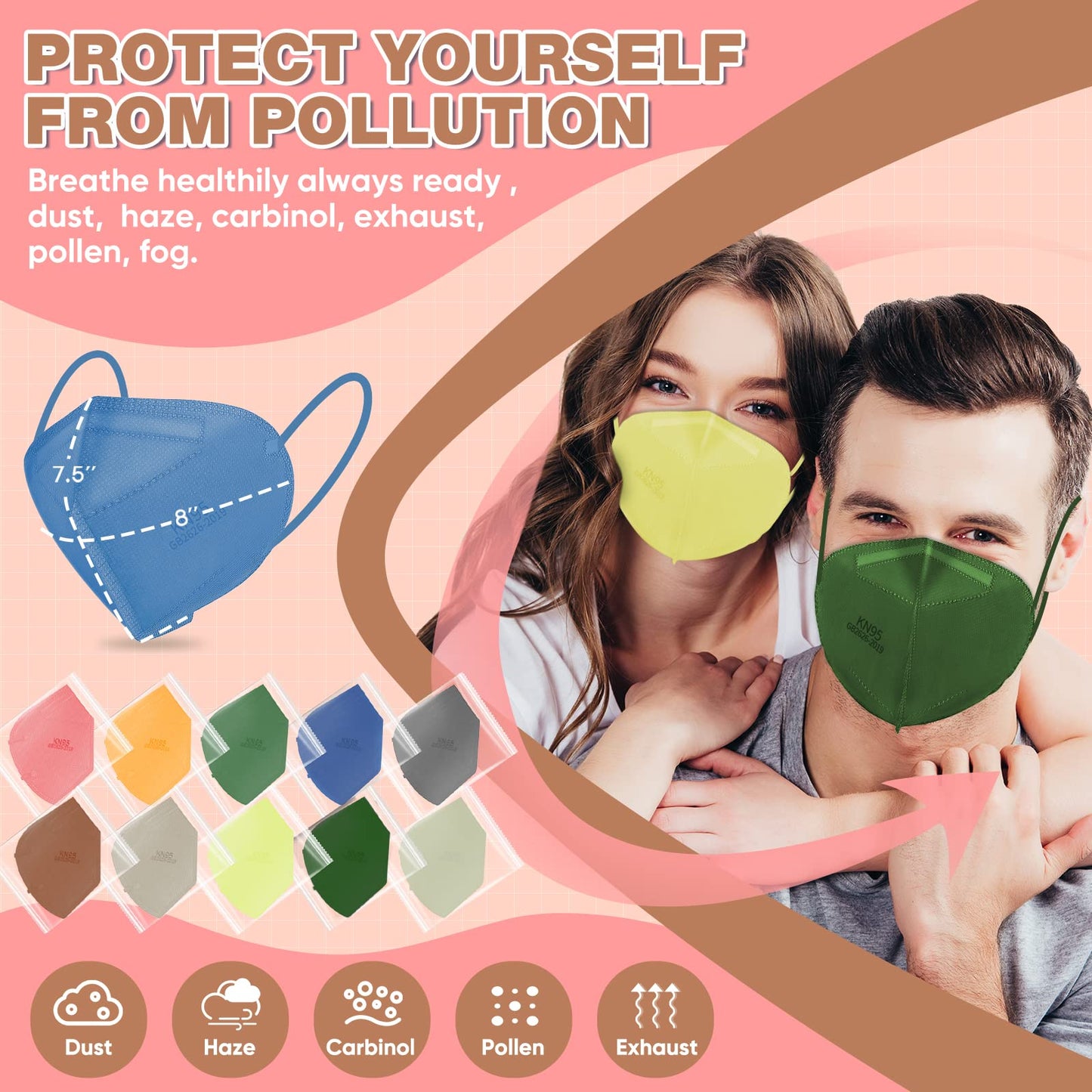 XDX KN95 Face Masks, 60 Individually Wrapped Pink Masks, 5-Layer Dusty Rose, =95% Filter Efficiency, Disposable for Adults