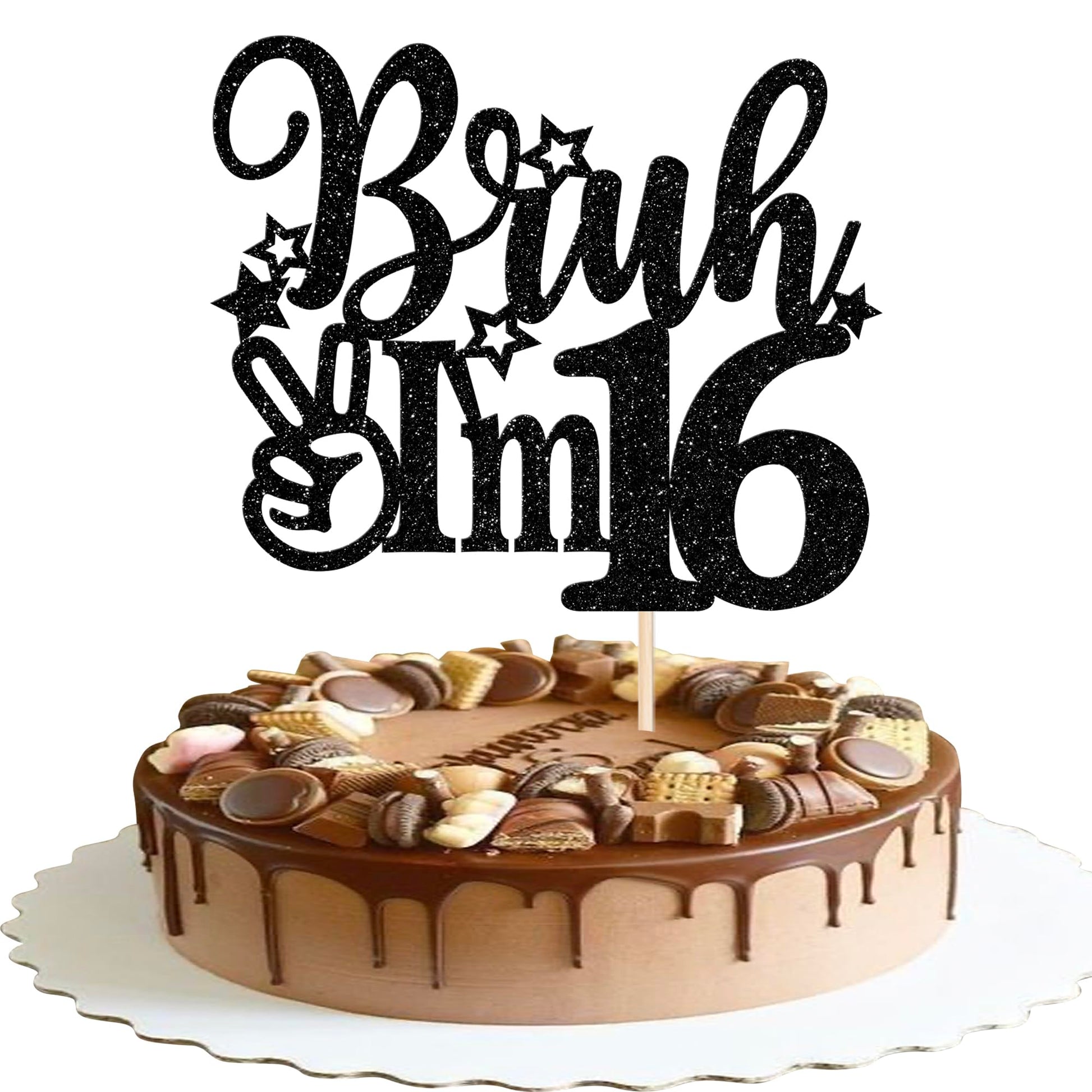 Rsstarxi Cake Topper Black Star Glitter 16th Birthday Decorations, Model XM1222-16, 1 Pack