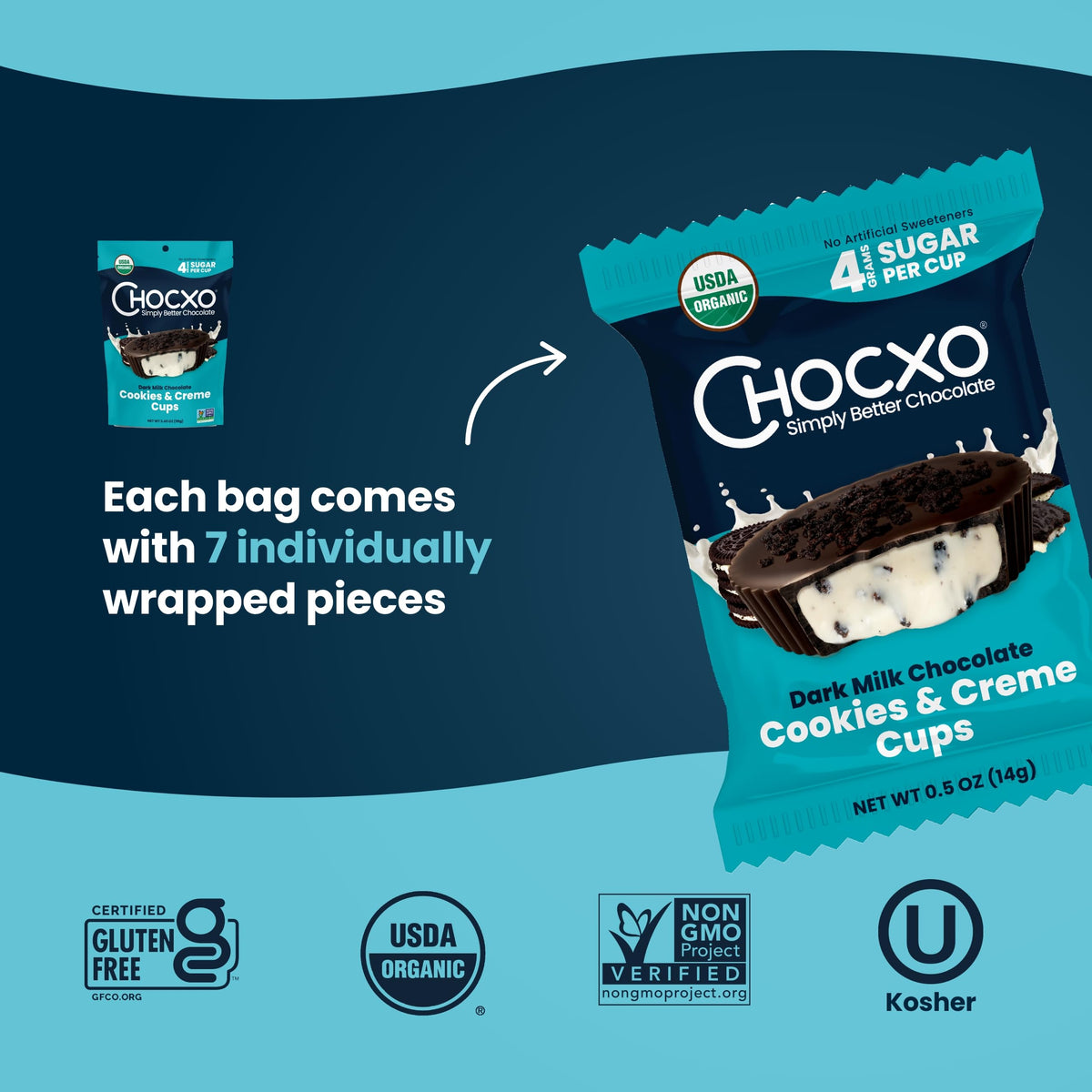 Chocxo Dark Milk Chocolate Cookies & Crème Cups - Lower Sugar, 69% Organic Cacao, Nongmo, Keto, Gluten Free, Kosher, No Artificial Sweeteners/Sugar  S, 3.45 Oz (Pack Of 6)