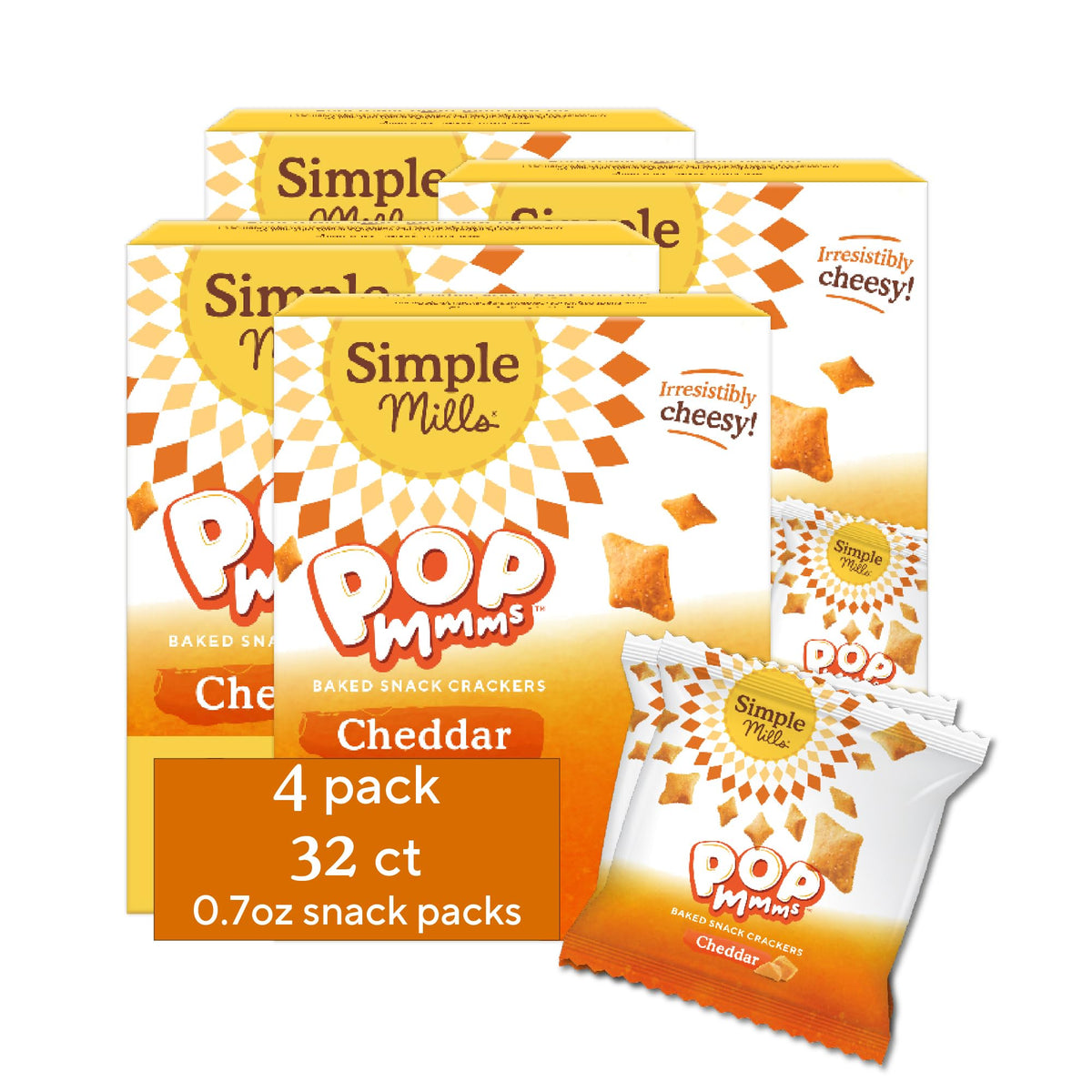 Simple Mills Pop Mmms Cheddar Baked Snack Pack Crackers, Gluten Free, 8 Pack (Pack of 4)