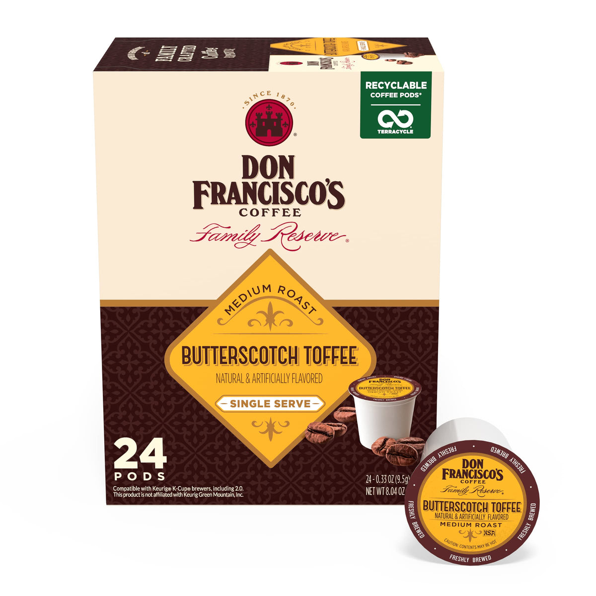 Don Francisco'S Butterscotch Toffee Flavored Medium Roast Coffee Pods - 24 Count - Recyclable Single-Serve Coffee Pods, Compatib