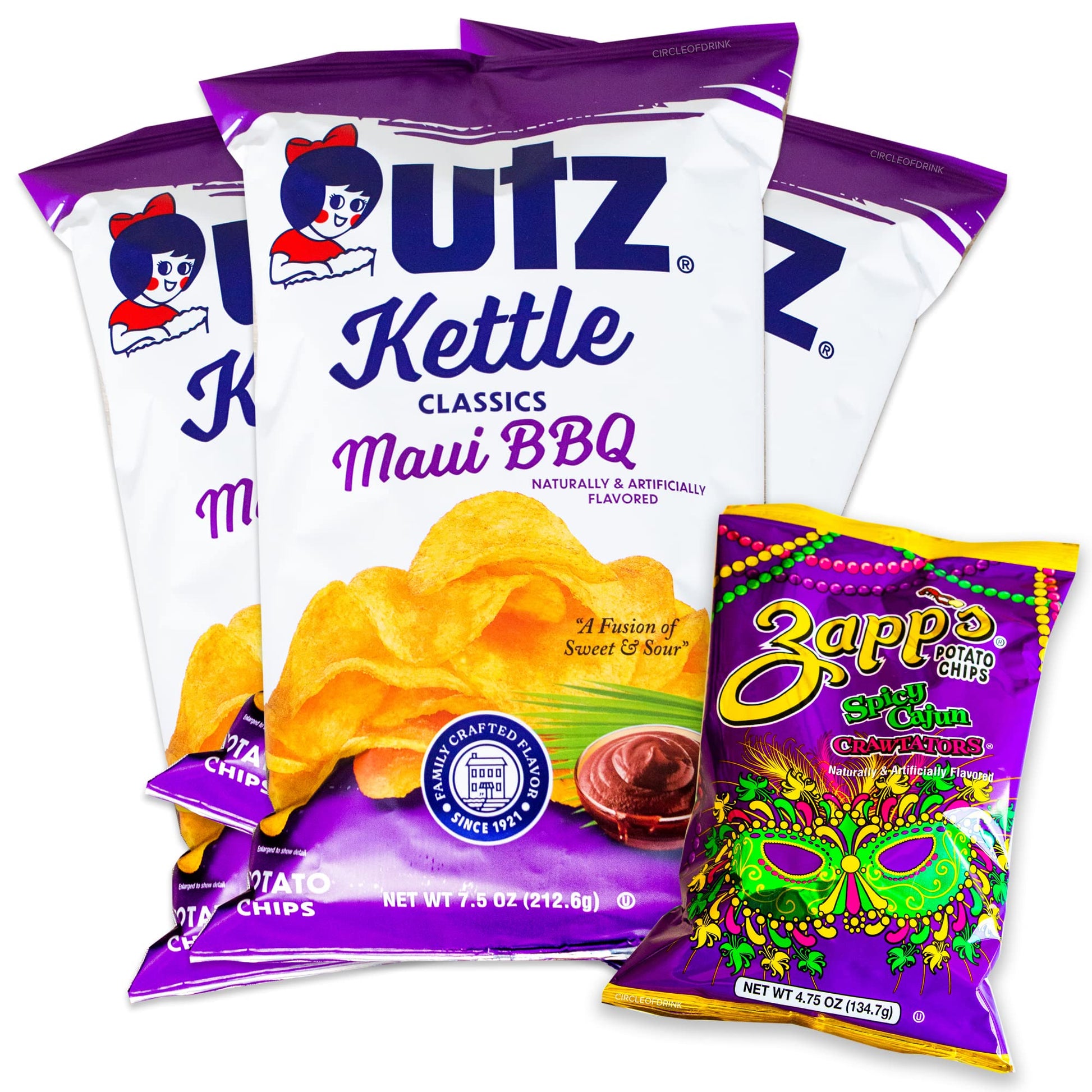 Utz Maui BBQ Kettle Chips (3. 7.5oz bags) - Sweet and Sour Fusion - Zapps Spicy Cajun Crawtators (1, 4.75oz) - 4 Items Total