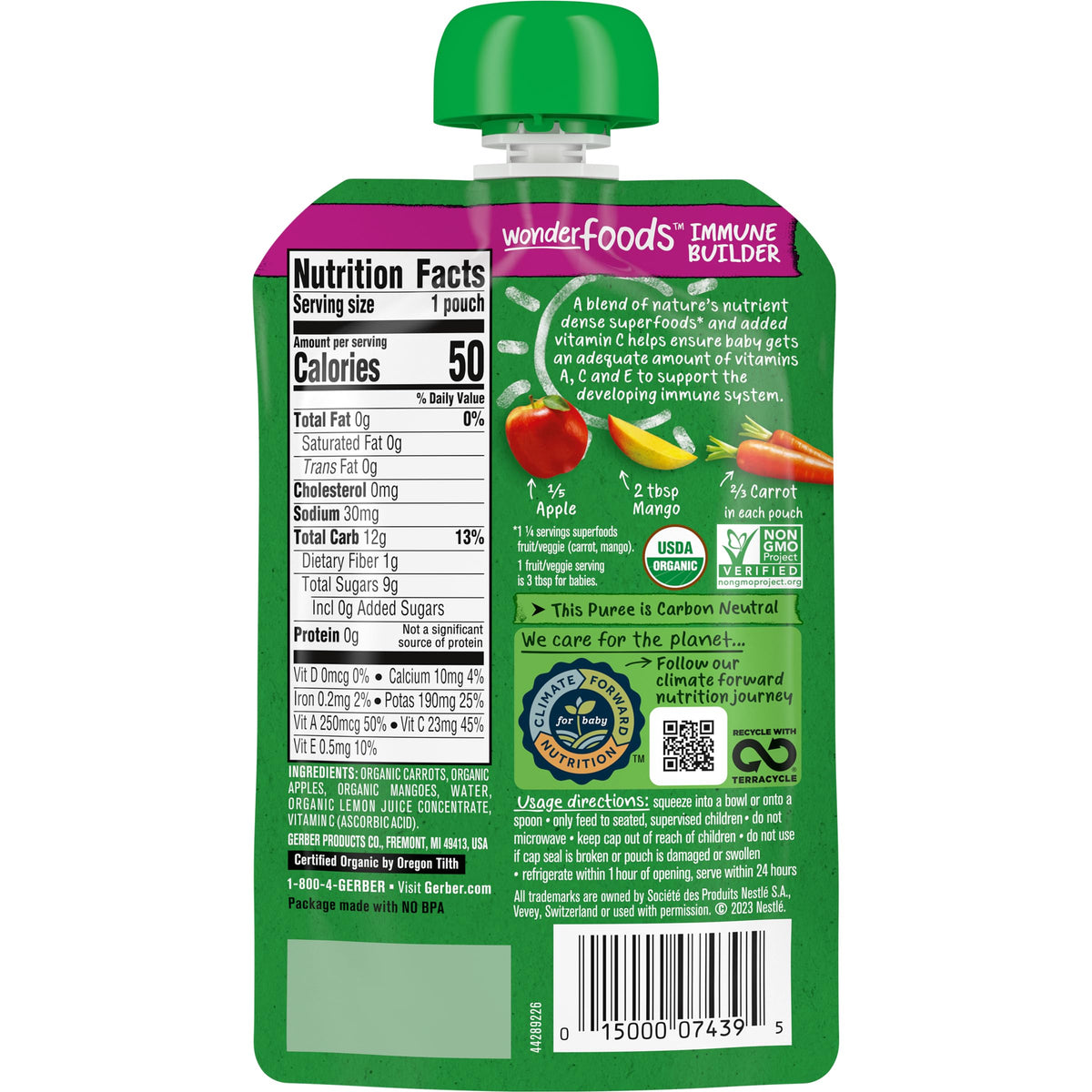 Gerber Organic Baby Food Pouches, 2Nd Foods For Sitter, Wonderfoods, Carrot Apple Mango, 3.5 Ounce (Pack Of 12)