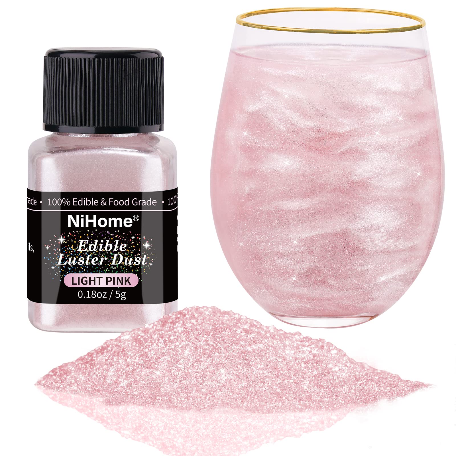NiHome Edible Glitter Powder, Light Pink, 5g/0.18oz, Food Decorating Sprinkle for Cakes, Desserts, and Beverages