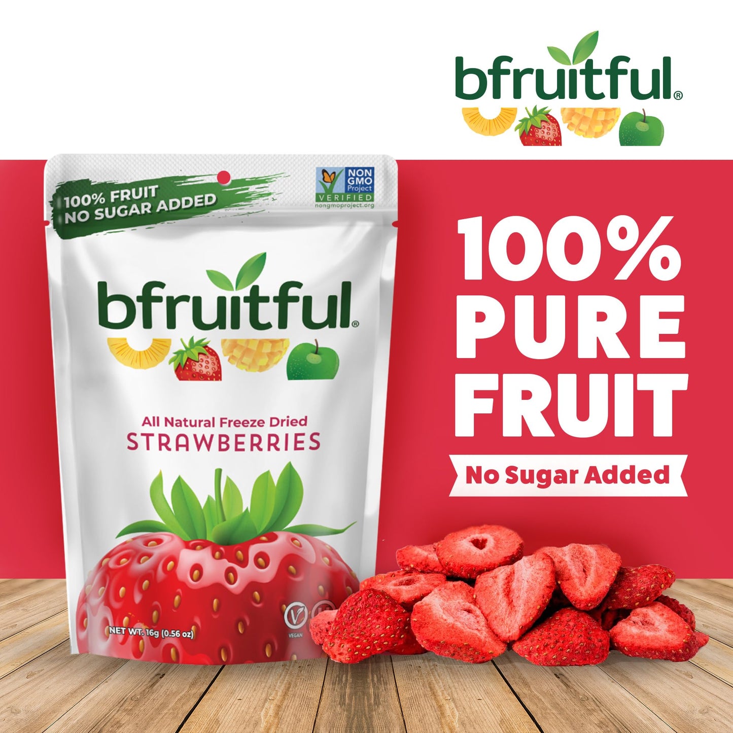 Bfruitful Freeze-Dried Strawberries, Freeze Dried Fresh Fruit Bites, Gluten Free, Vegan, Dairy Free, Kosher, No Sugar Added, Non