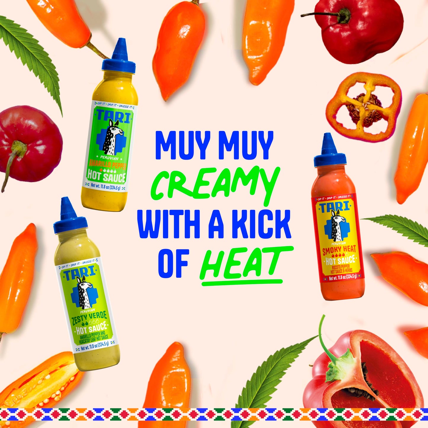 Tari Hot Sauce - Rocoto & Amarillo Pepper Variety Pack - Aji Amarillo + Zesty Verde + Smoky Heat - 11.8oz each (3Pk)