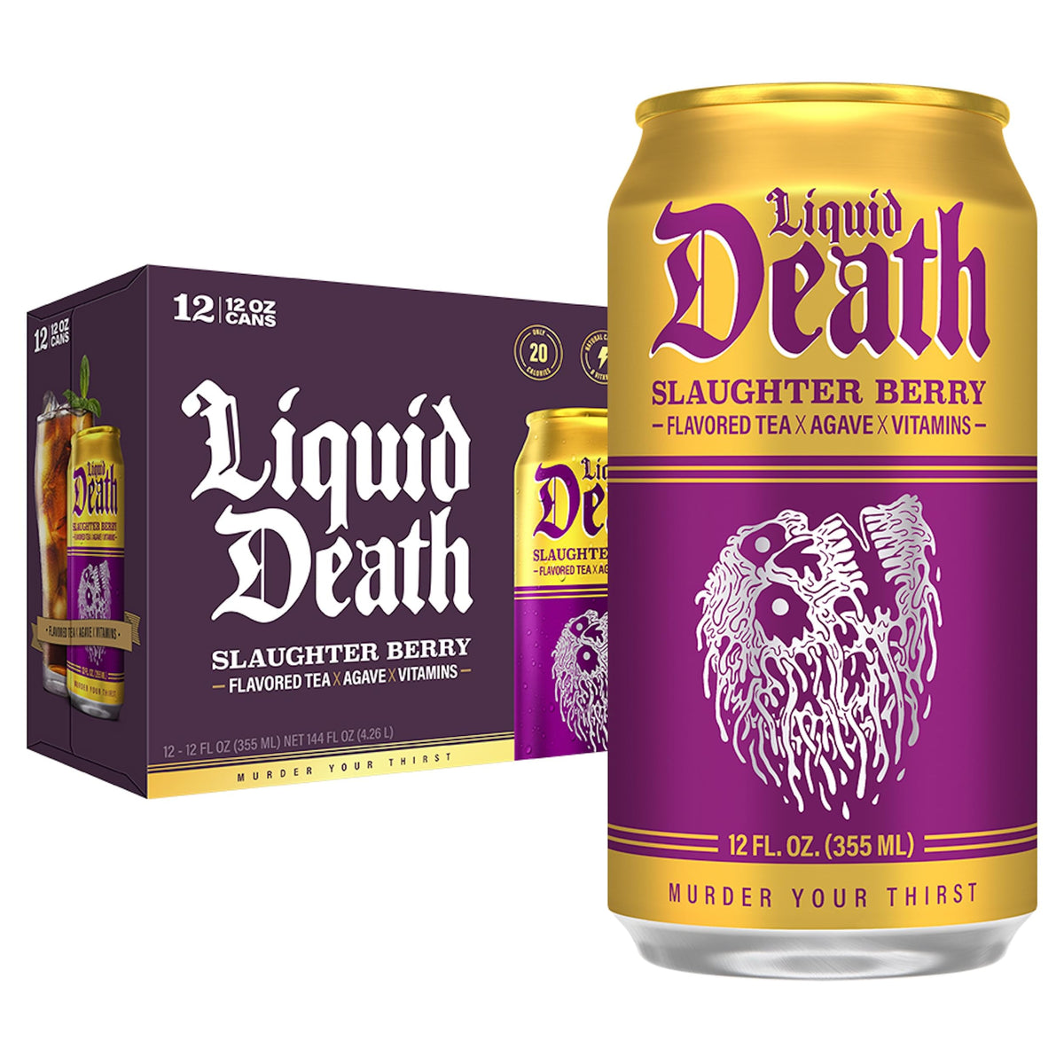 Liquid Death, Slaughter Berry Flavored Iced Tea, 12-Pack (12 oz Cans), Raspberry Flavored Black Tea, Low Calorie, No Artificial 