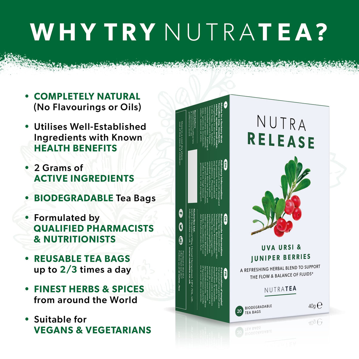 NUTRARELEASE - Water Retention Tea | Bloated Stomach Tea - Natural Diuretic For Water Balance - Includes Dandelion Root & Bearbe