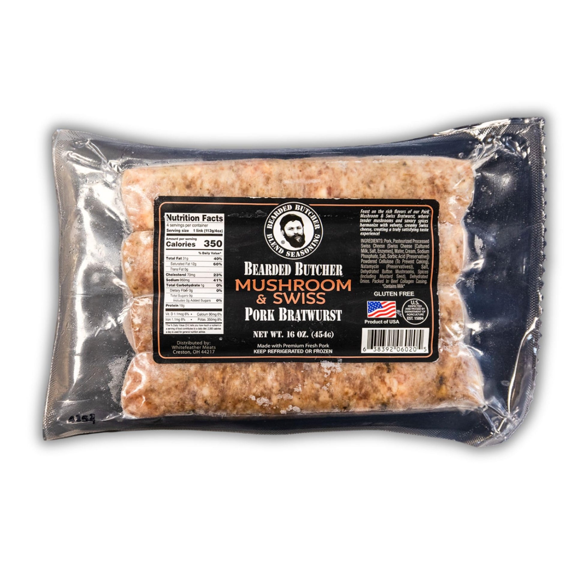 Bearded Butchers Mushroom & Swiss Bratwurst 12-Pack (1 lb Each) - Savory, Flavorful Gourmet Sausage with Mushrooms & Creamy Swis