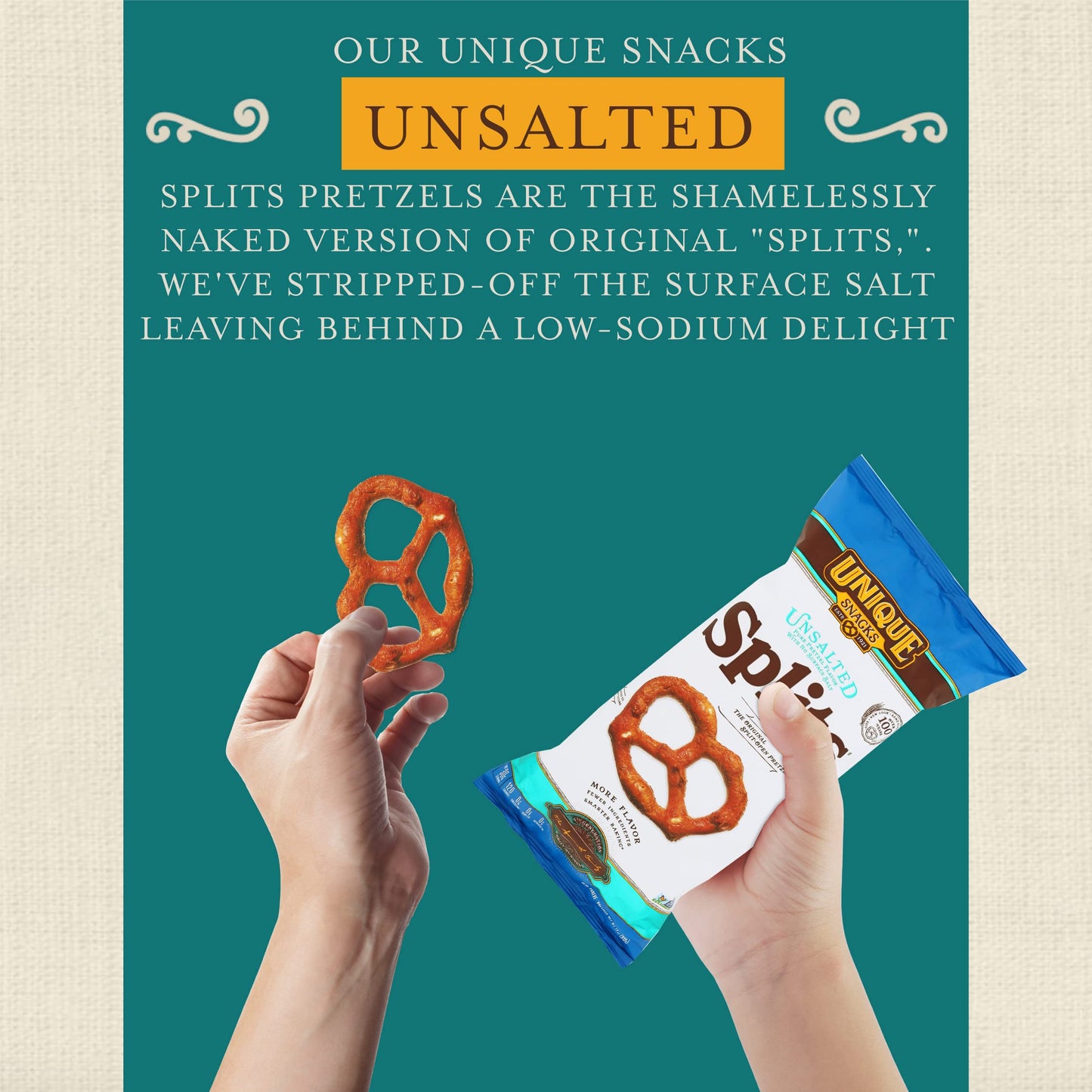 Unique Snacks Unsalted Splits Pretzels, 11 oz Bag (Pack of 6), Certified OU Kosher, Non-GMO, Homestyle Baked