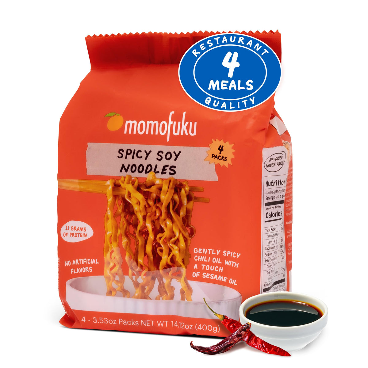 Spicy Soy Noodles Ramen Noodles by David Chang, 4 Pack of Restaurant Quality Air-Dried Instant Noodles Now with More Sauce & 10g