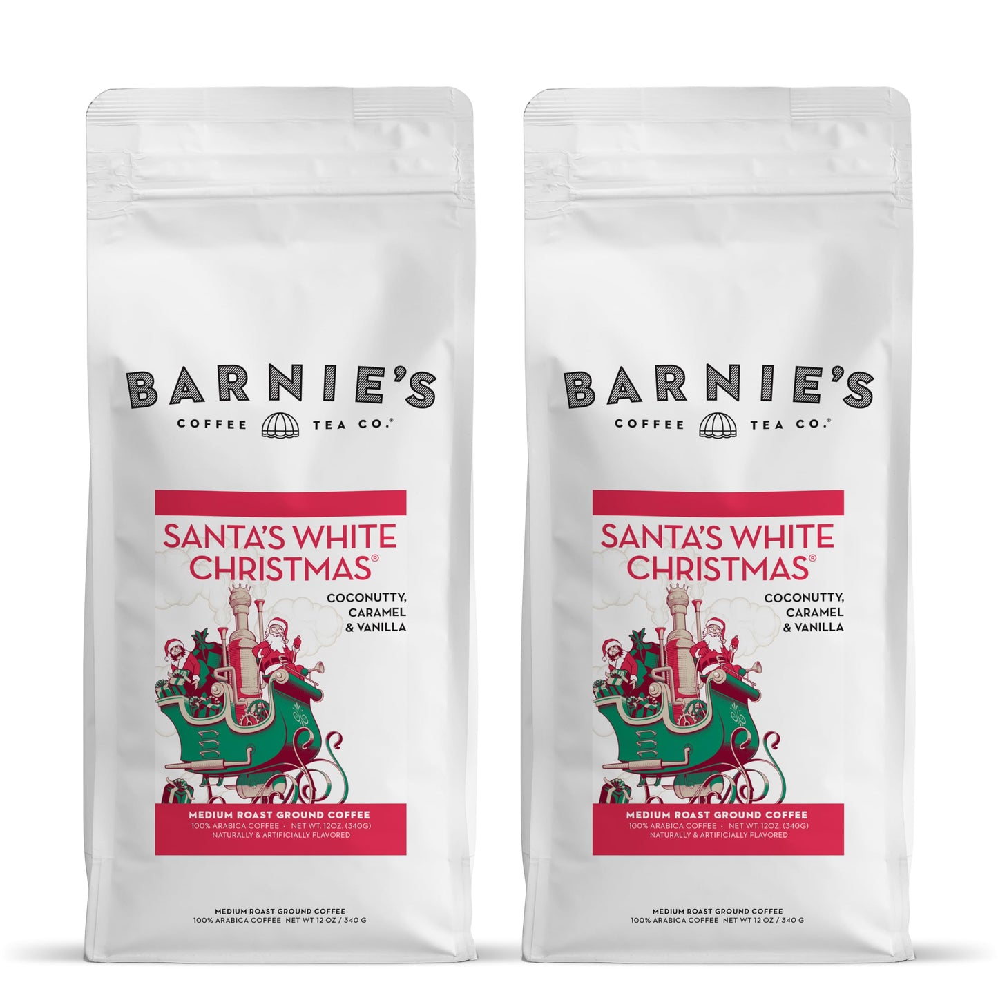 Barnies Santas White Christmas Ground Coffee With Coconut, Caramel, And Warm Vanilla Flavors, Medium Roasted Arabica Coffee Beans, 12 Oz Bag (Pack Of 2)