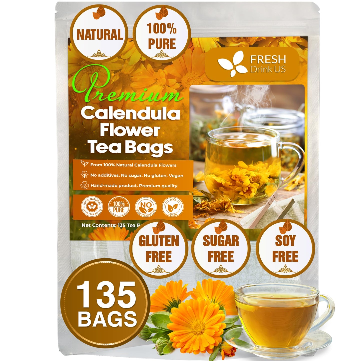 FRESHDRINKUS Premium Calendula Tea Bags - 100% Natural Herbal Tea, 135 Bags, Eco-conscious, Vegan, No Sugar, No Caffeine, No Gluten