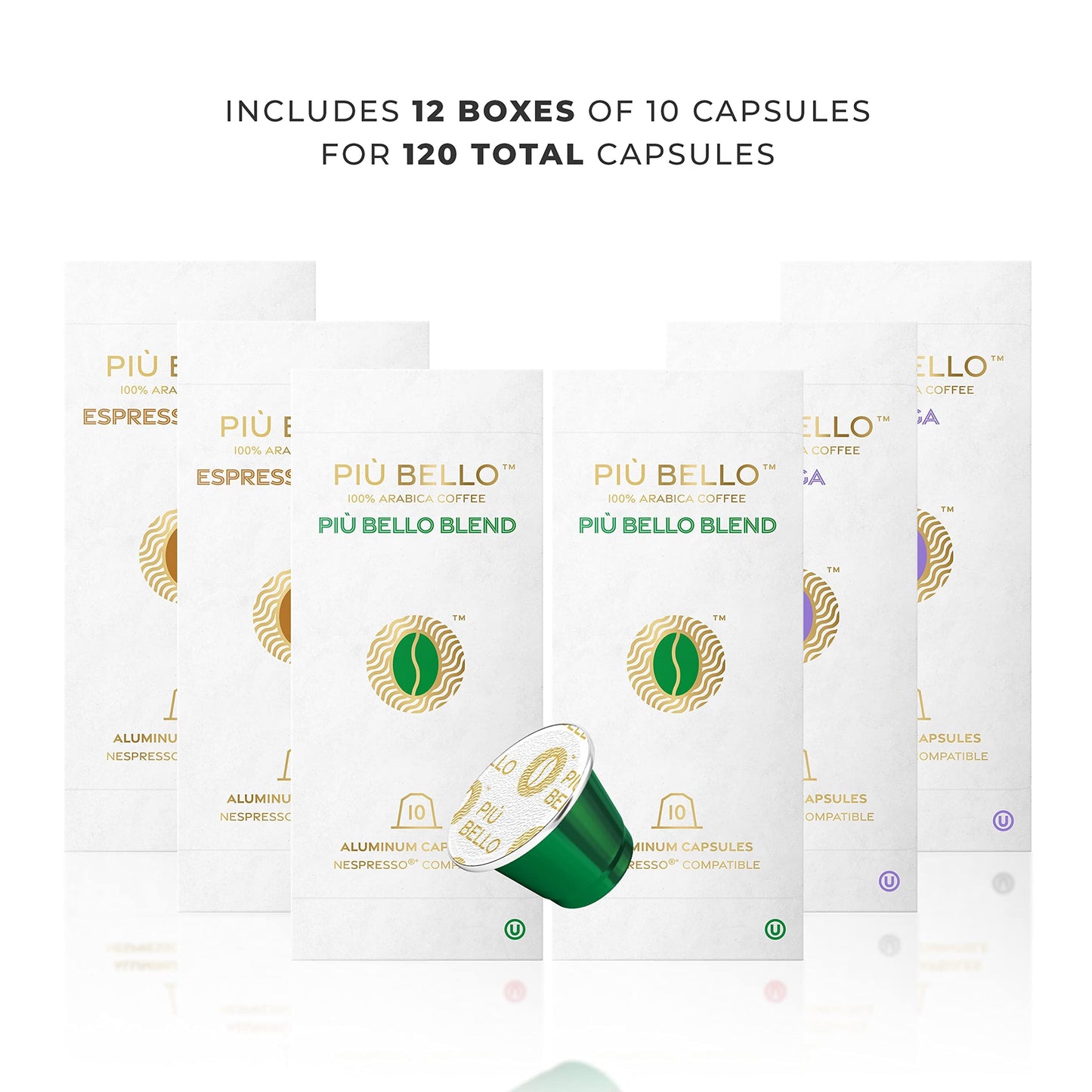 PIU BELLO Espresso Coffee Pods for Nespresso – Light Roast Variety Pack, 3 Flavors, 120 Count