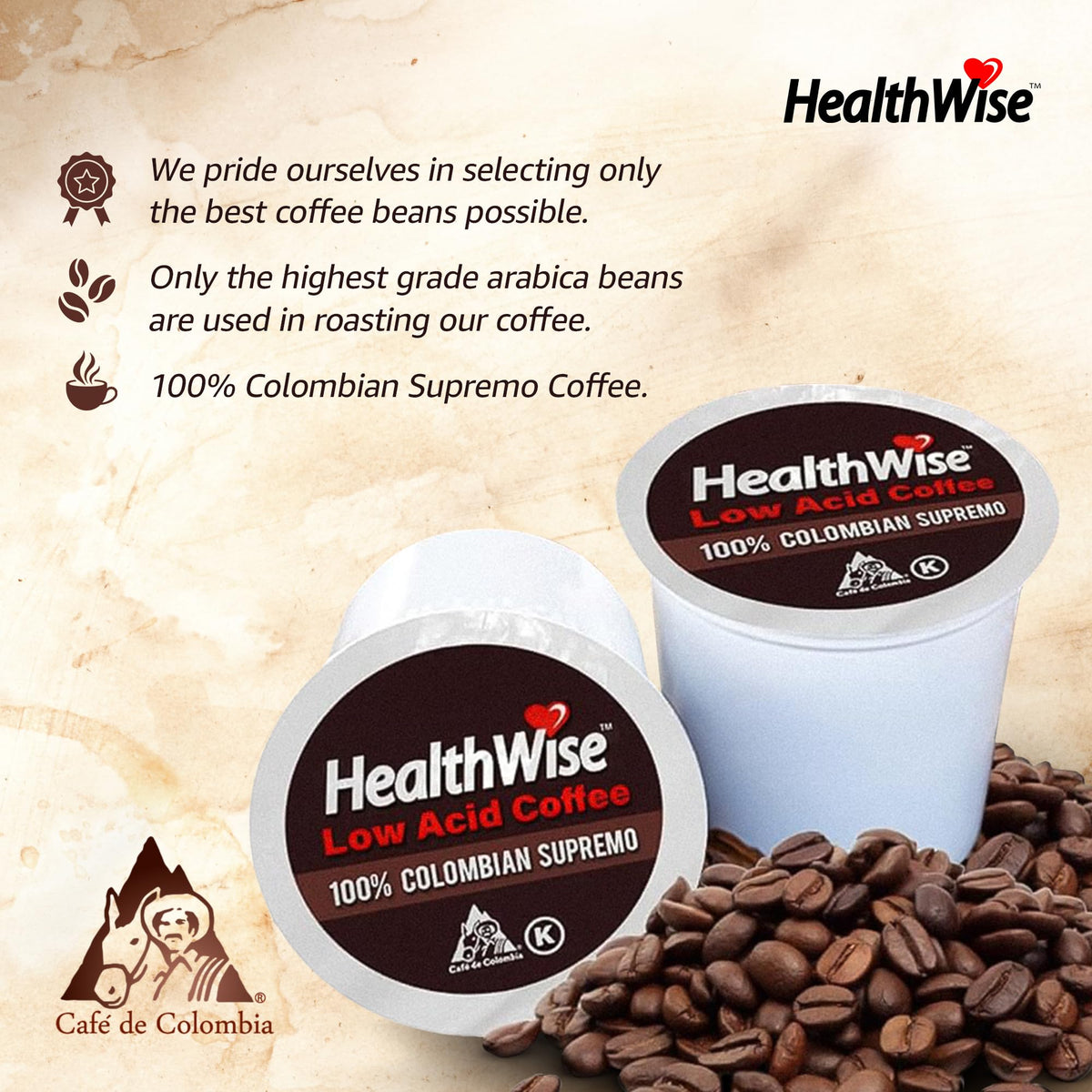 HealthWise Chocolate Coconut Decaf Coffee K-Cups, Low Acid, 72 Count (Pack of 6), Swiss Water Process, Ideal for Sensitive Stomachs