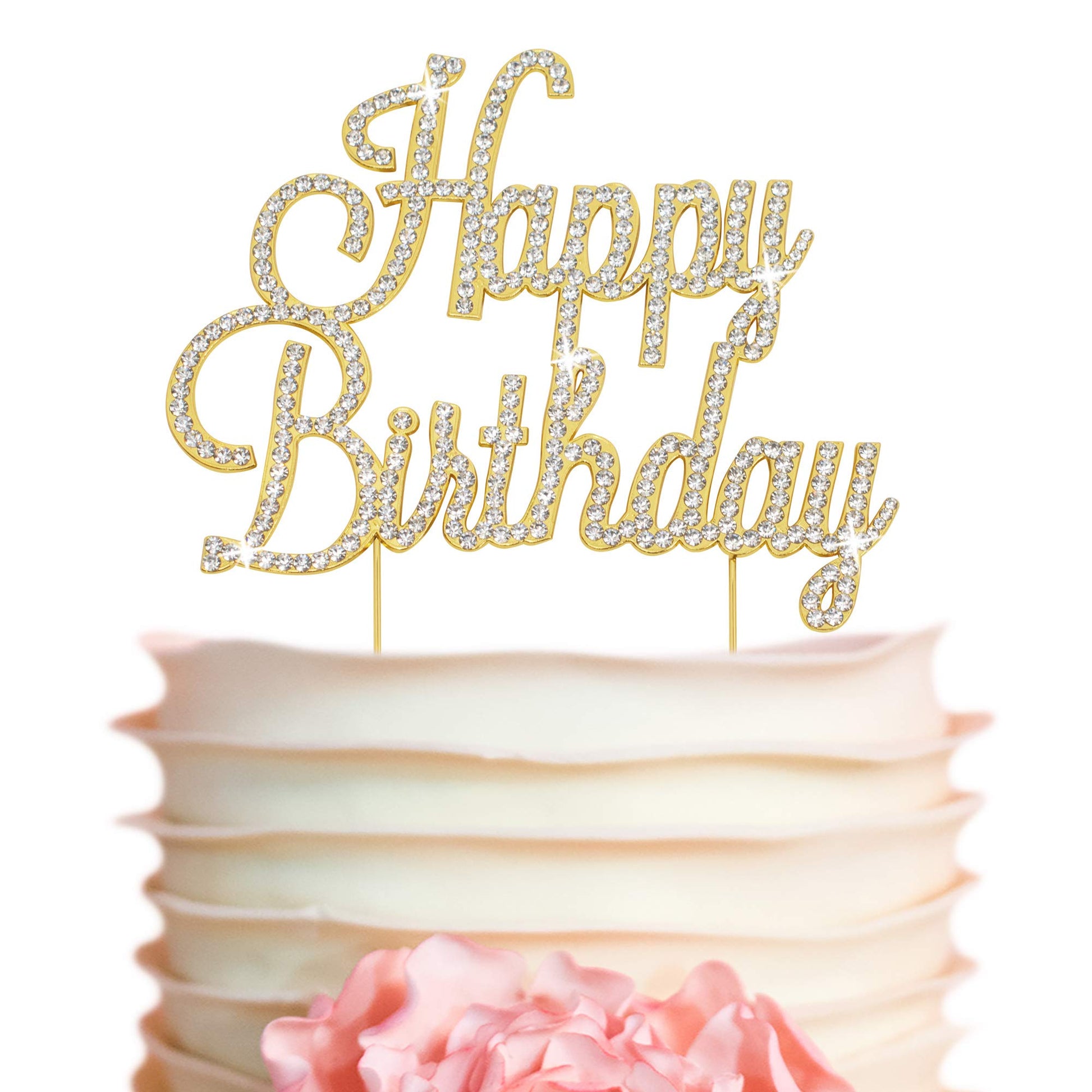 Crystal Creations Happy Birthday Cake Topper - Premium Gold Metal with Rhinestones - 1 Count