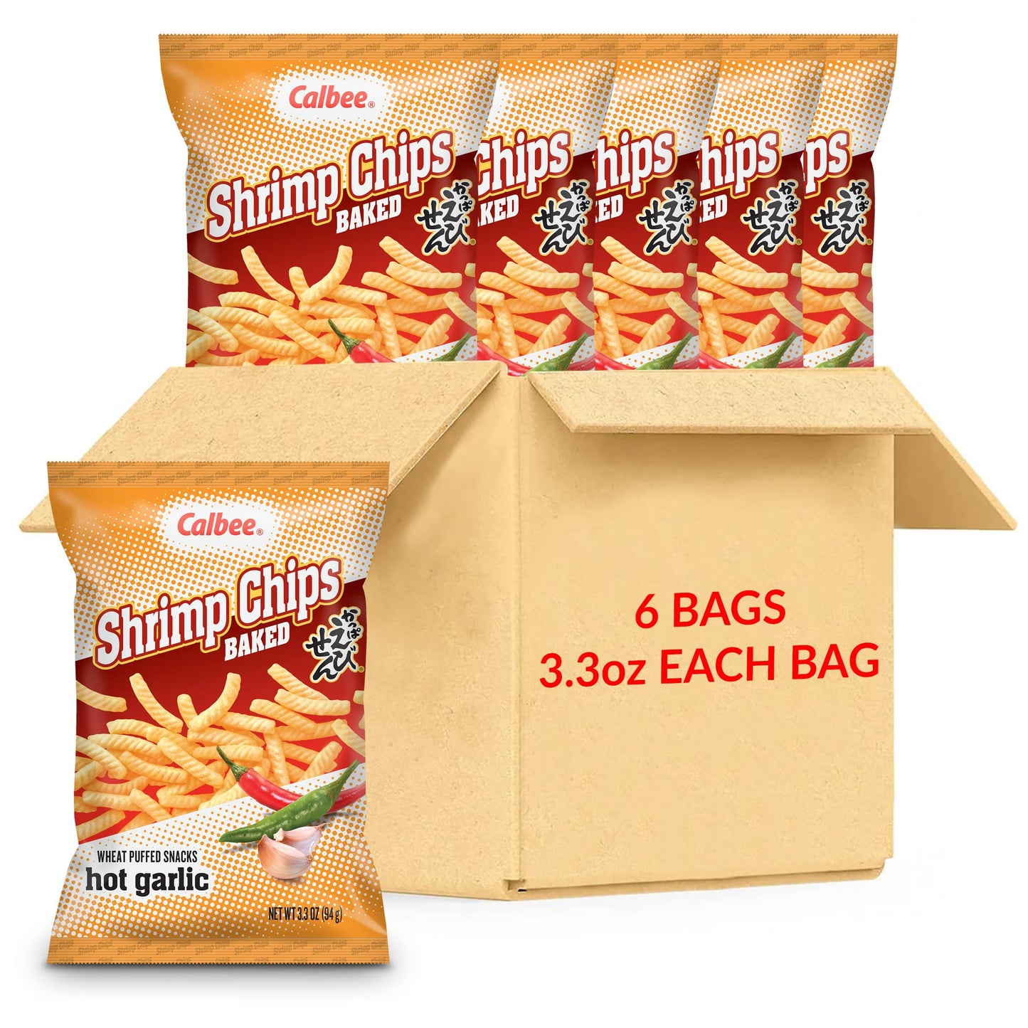Calbee Shrimp Chips - Hot Garlic Flavor, 4.0 oz, Baked with Wild-Caught Shrimp, Pack of 6