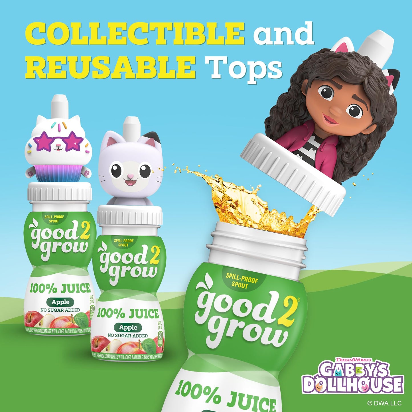 good2grow Apple Juice - 100% Fruit Juice for Kids, No Sugar Added, 6 Fl Oz Bottles, 3 Pack with Gabbys Dollhouse Character Tops