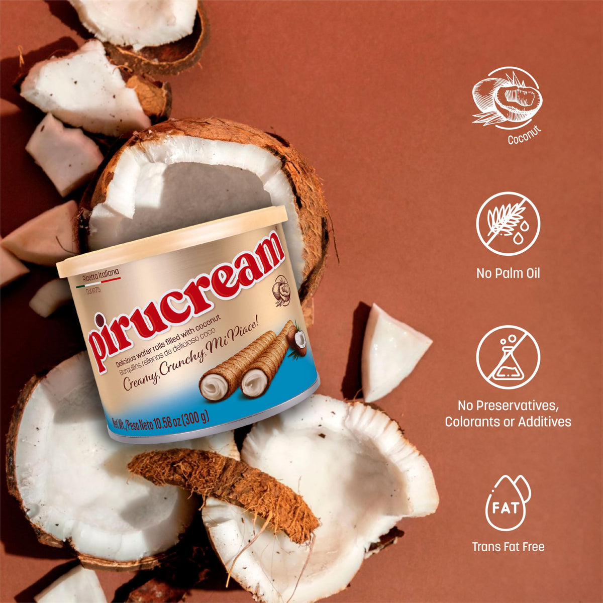 Pirucream Wafer Rolls – Delicious Crispy Coconut Creme Rolled Wafers Bites Filled Italian Snack Sticks Coco Roll Screen Time Relaxing Coffee Cookie Ice Cream Snacking Break (300Gr/ 10.58Oz – 1 Pack Tin)