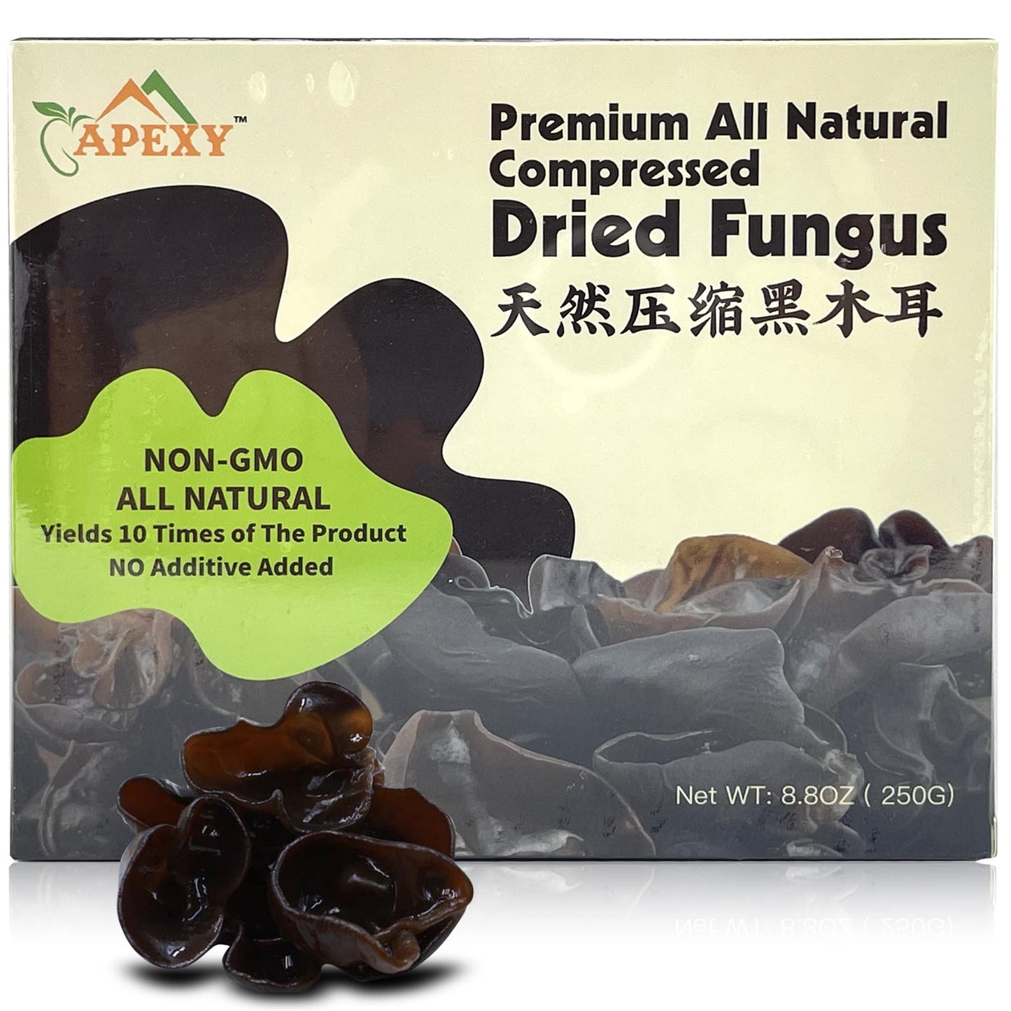 Apexy Enhanced Dried All Natural Compressed Black Fungus (Black Wood Ear Mushroom) - 8.8 Oz -- 10 Times Volume Yield After Soaking (Pack Of 1)
