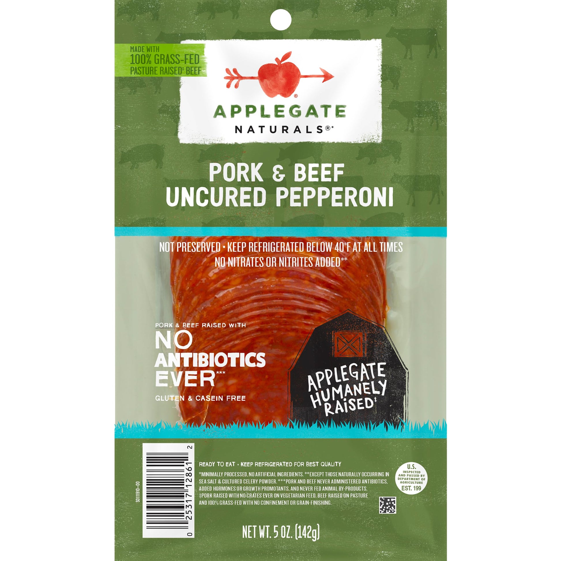 Applegate, Natural Uncured Pork & Beef Pepperoni Sliced, 5oz