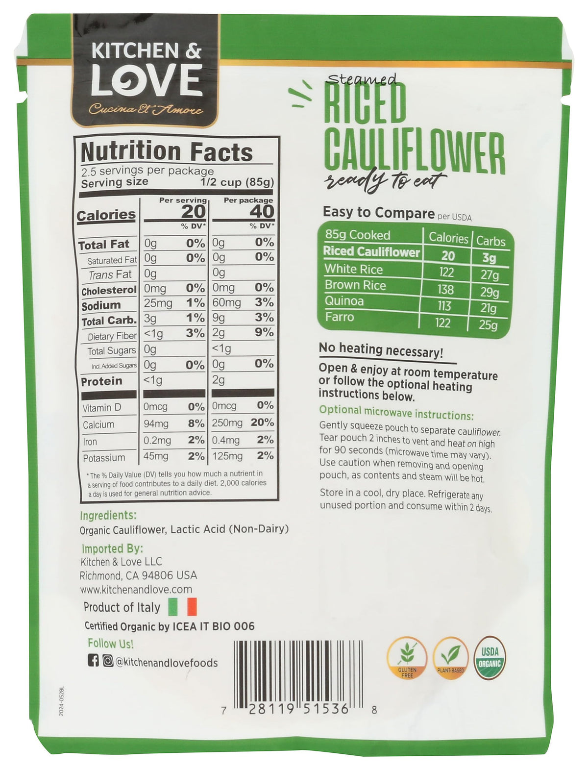 Kitchen & Love Organic Ready to Eat Riced Cauliflower, 8 OZ