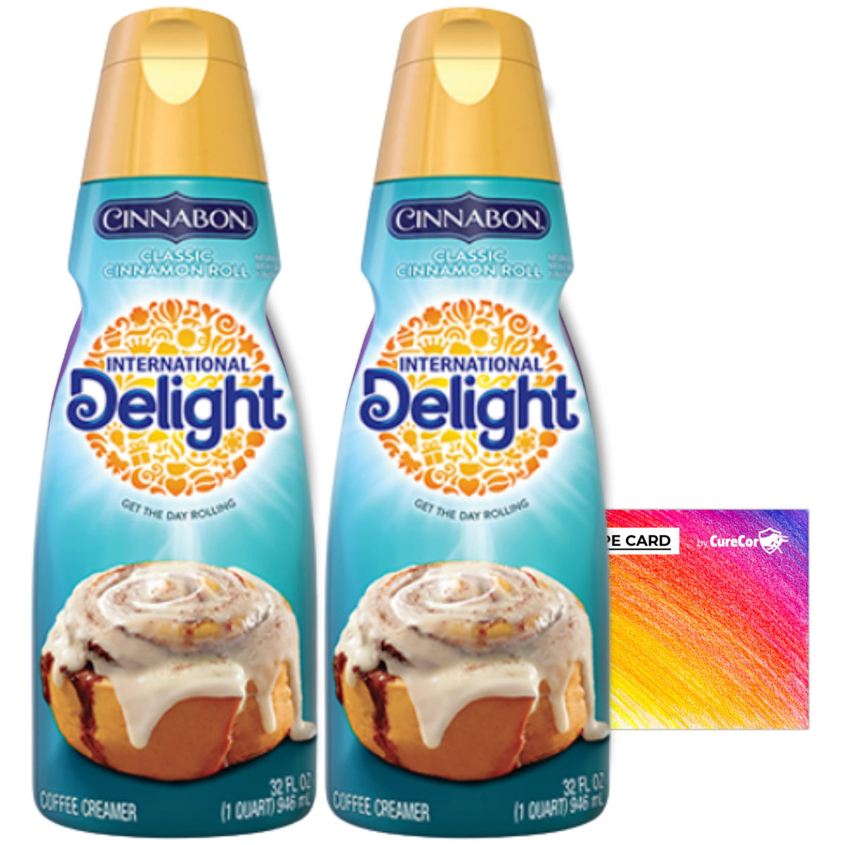 CURECOR Coffee Creamer Bundle - Includes 2 x 32 fl oz International Delight Liquid Creamer & CureCor Sticker - Cinnabon Flavor