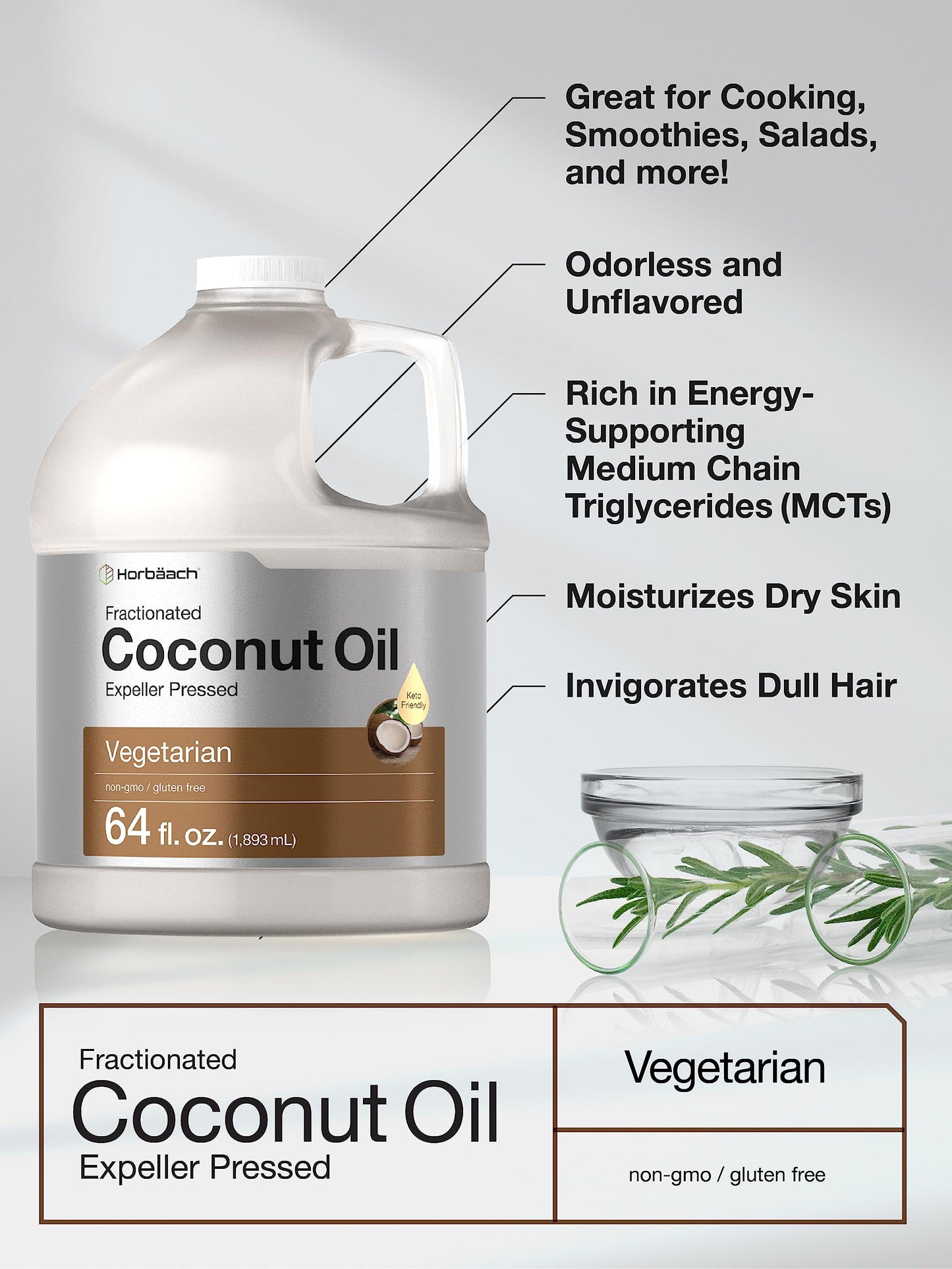 Horbäach Coconut Oil for Cooking, Fractionated & Unflavored, 64 Fl Oz, Vegetarian, Non-GMO, Gluten Free, Model CL14950