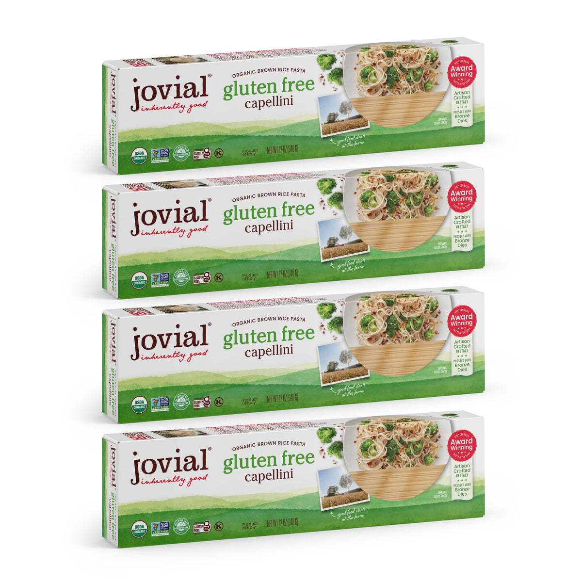 Jovial Whole Grain Brown Rice Capellini Pasta - Whole Grain Pasta, Organic, Gluten Free, Dairy Free, Brown Rice Pasta, Made In Italy - 12 Oz, 4 Pack