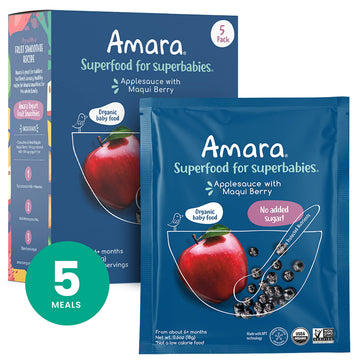 Amara Organic Baby Food - Stage 2 - Applesauce & Maqui Berry - Baby Cereal To Mix With Breastmilk, Water Or Baby Formula - Shelf Stable Baby Food Made From Organic Fruit - 5 Pouches, 3.5Oz Per Serving