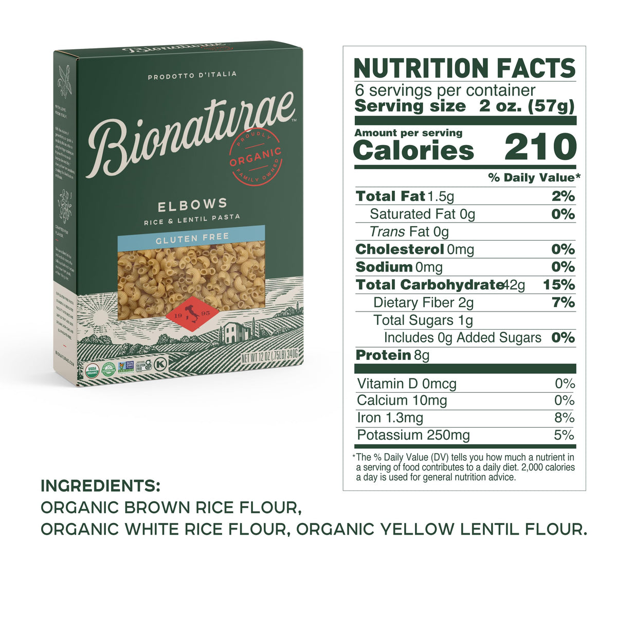 Bionaturae Elbow Pasta Noodles - Gluten Free Pasta Organic, Rice & Lentil Pasta, Kosher Certified, High Protein, Non-Gmo Verifie