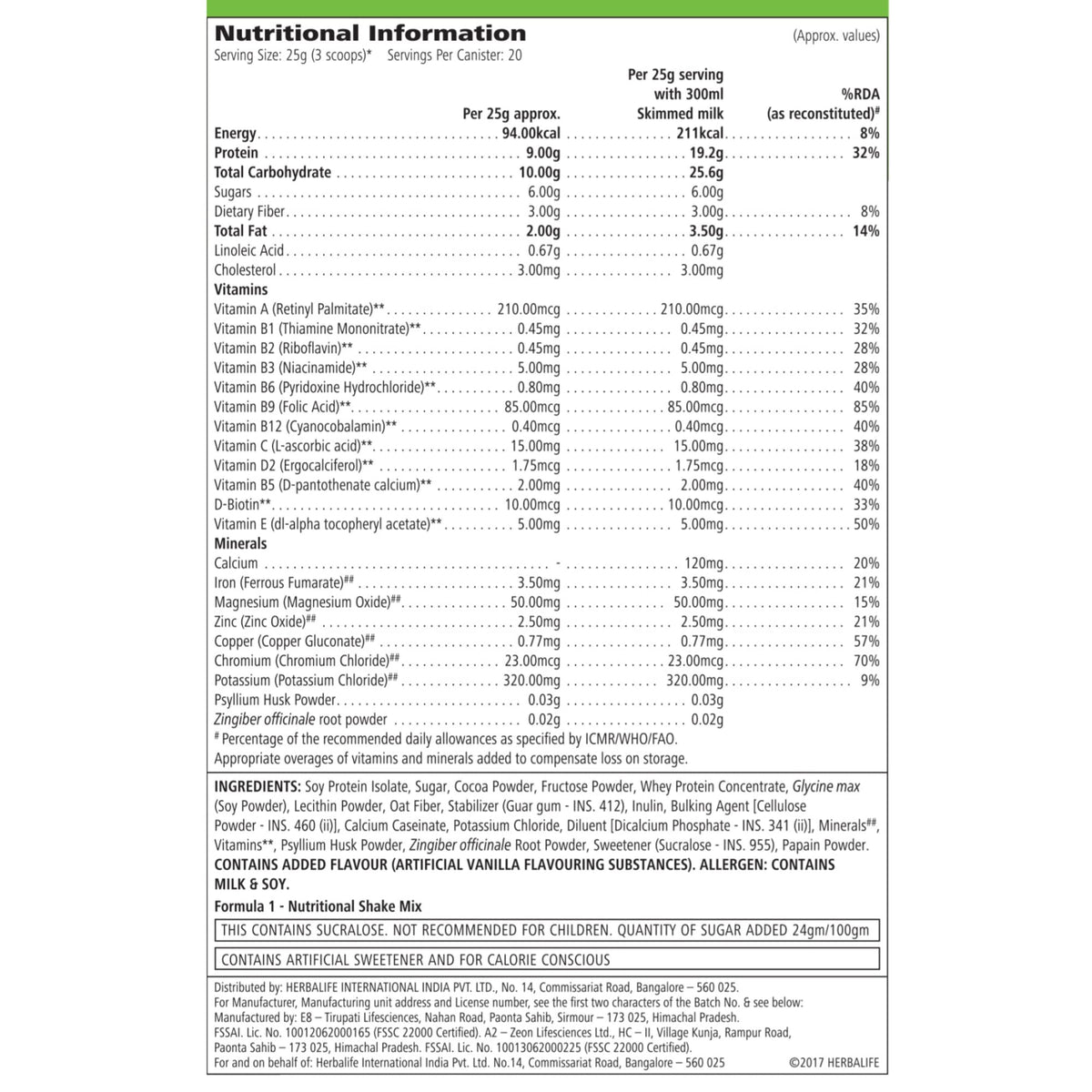 Herbalife Formula 1 Nutritional Shake Mix, Meal Replacement, 500g, Chocolate Flavor