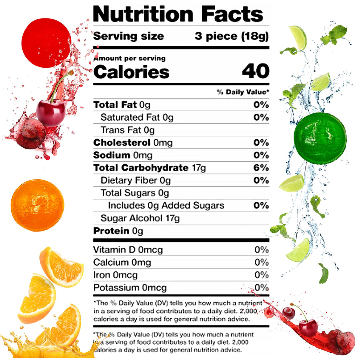 Arcor Sugar  Free Assorted  Fruit  Flavor Hard Candy  - 1  lb Bulk Bag (Approx 75 Count) - Cherry, Lime, Orange Individually Wra