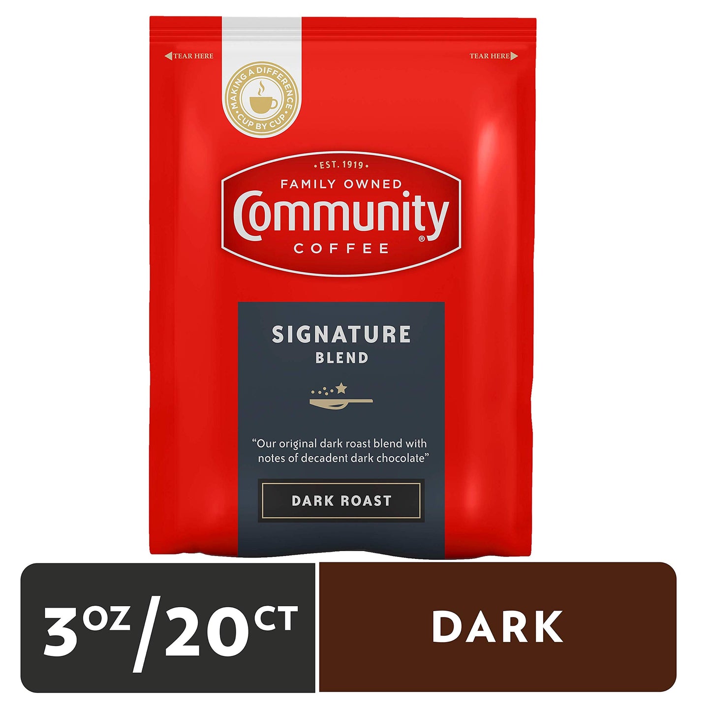 Community Coffee Signature Blend Dark Roast Coffee Packs, 3 Ounce Bag, Box of 20
