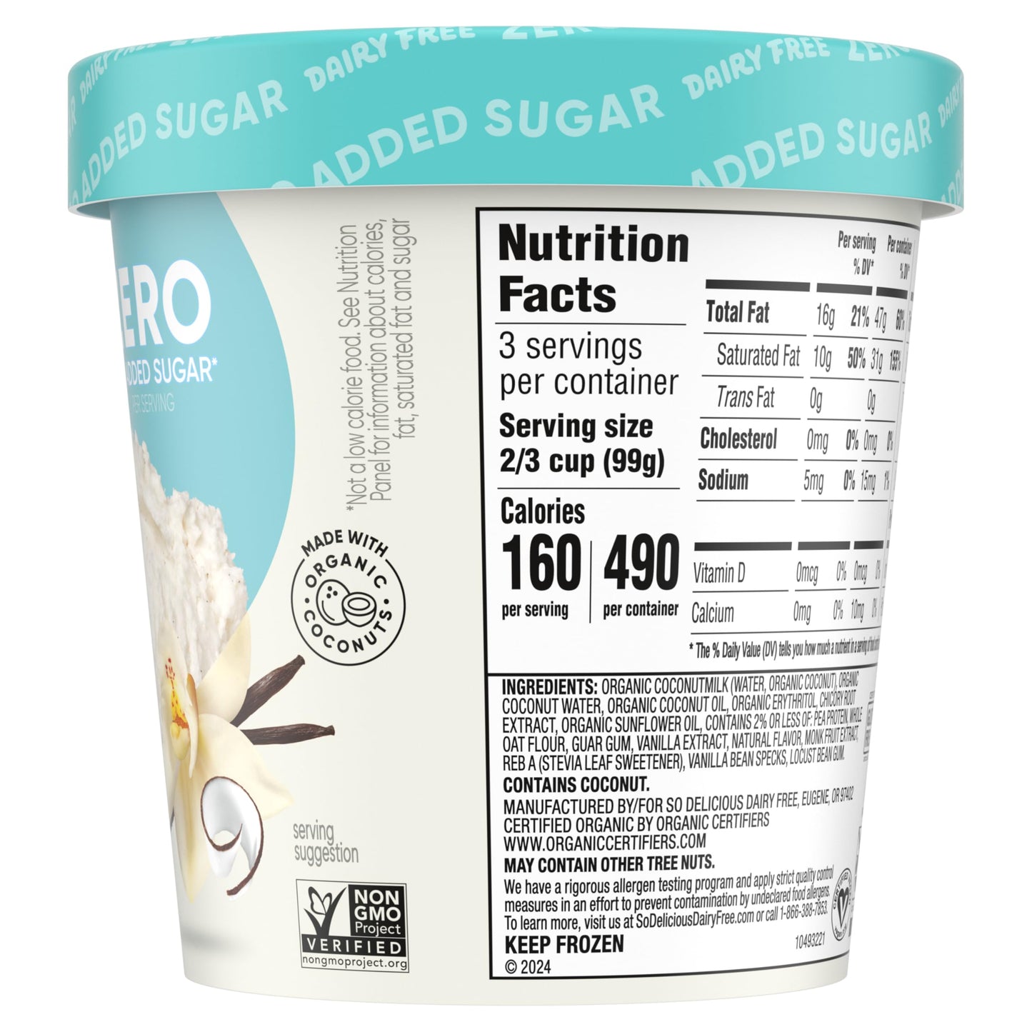 So Delicious Dairy Free Coconut Milk Frozen Dessert, Vanilla Bean, No Sugar Added, Vegan, Non-GMO Project Verified, 1 Pint