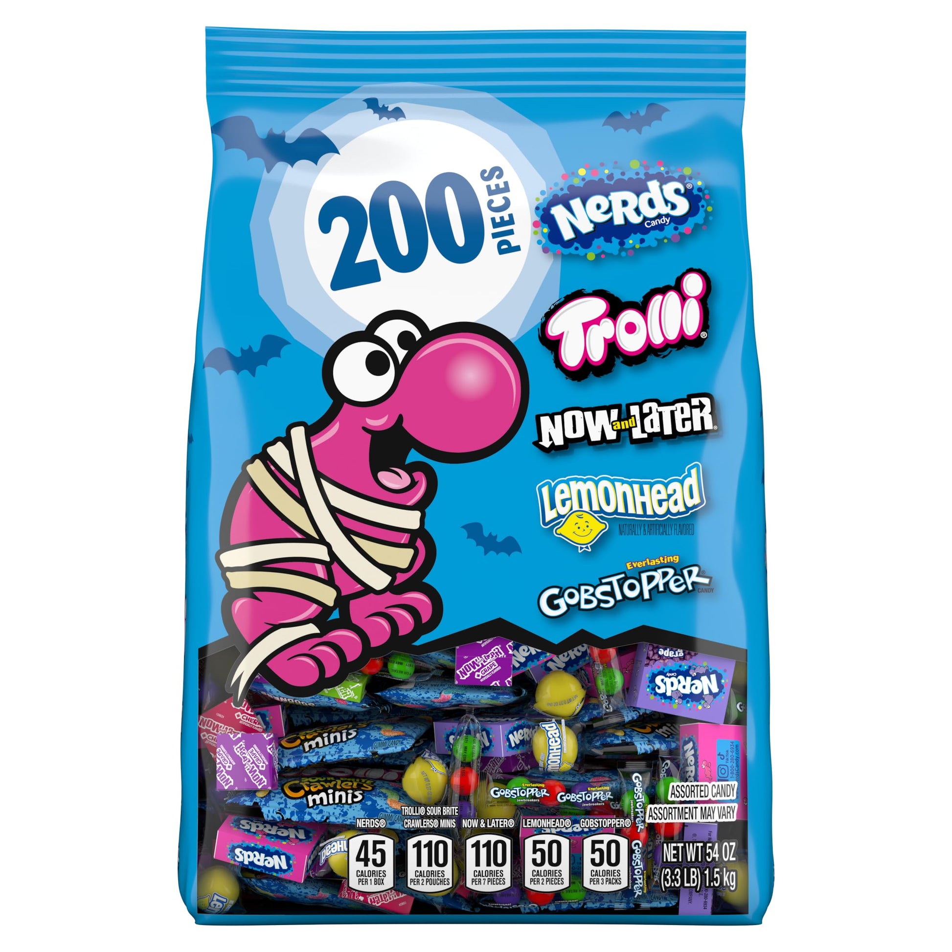 Halloween Candy Classic Fun Trick-or-Treat Variety Bag  NERDS Original  Trolli  Now and Later  Lemonhead  and Gobstopper  200 Pieces  54 Ounces