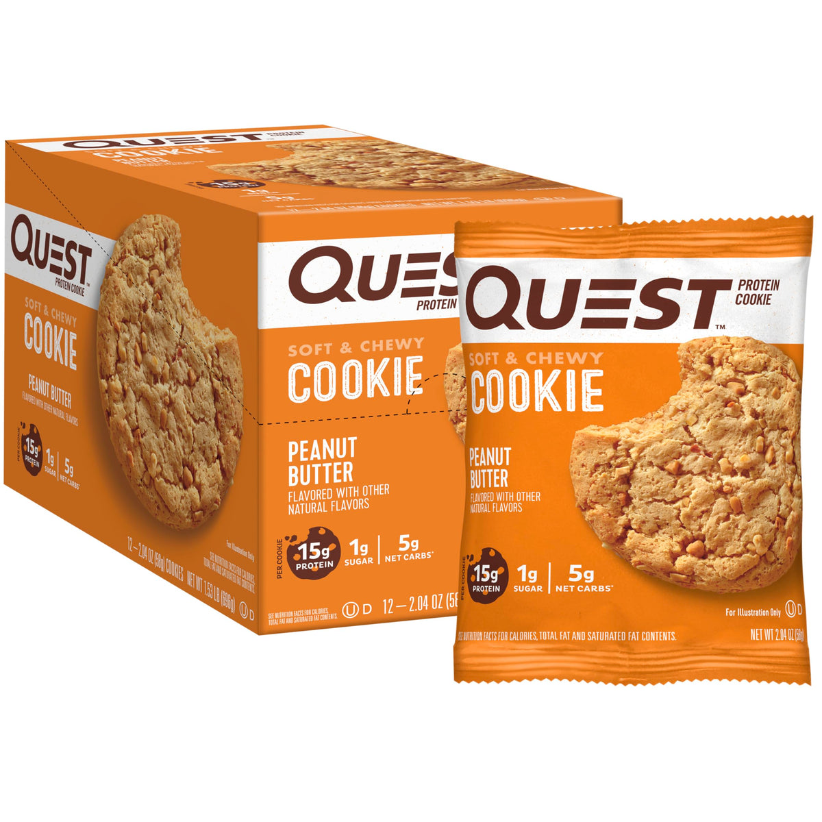 Quest Nutrition Peanut Butter Protein Cookie - 15g Protein, 1g Sugar, 5g Net Carbs - 12 Count