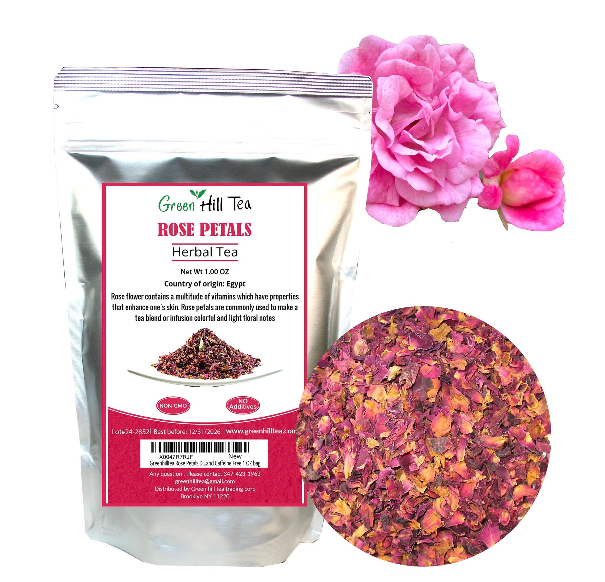 Greenhilltea Dried Rose Petals - Edible Flowers for Herbal Tea, Baking, Gluten & Caffeine Free, 1 OZ Resealable Pouch