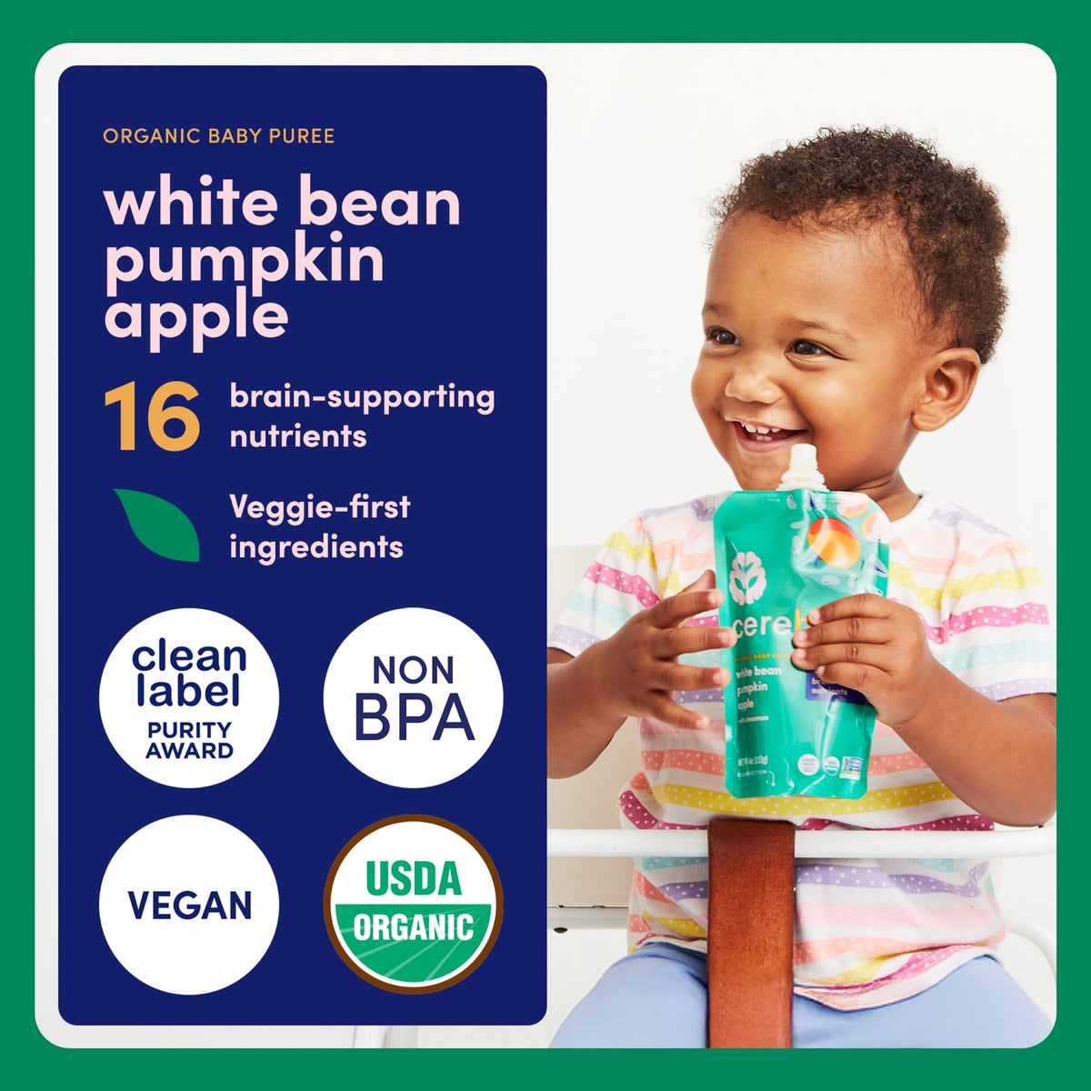 Cerebelly Organic Baby Food Pouches, White Bean Pumpkin Apple Purees, 16 Nutrients, No Added Sugar, Fiber & Non-Gmo, 4Oz, 6 Pack