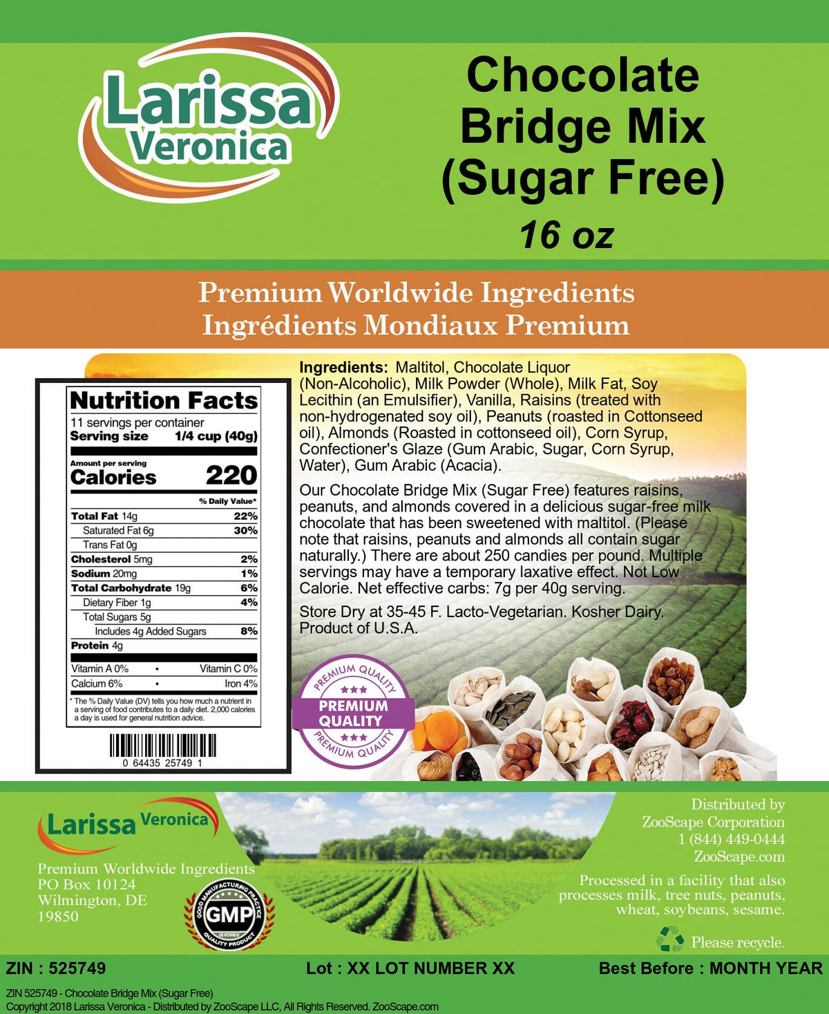 Chocolate Bridge Mix (Sugar Free) (16 Oz, Zin: 525749)