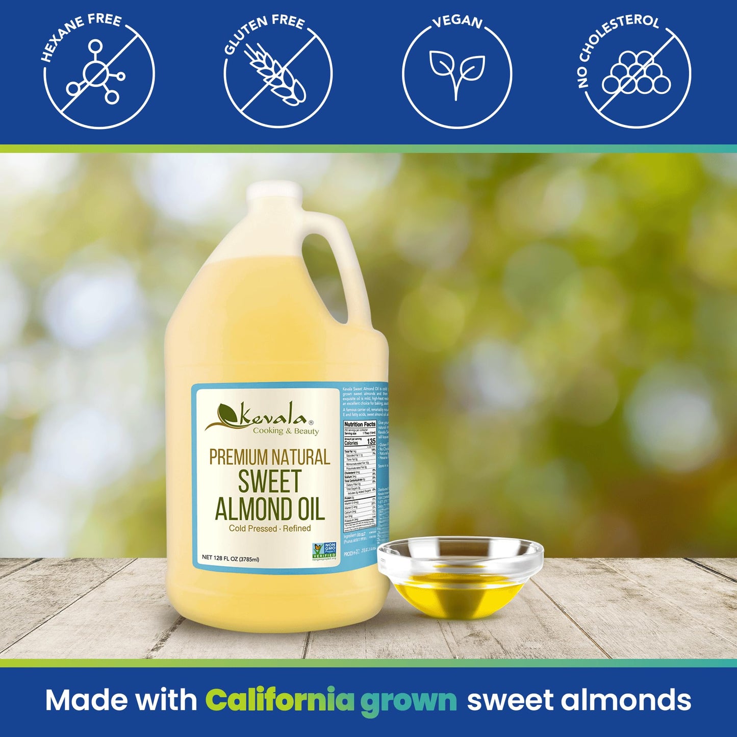 Kevala Sweet Almond Oil - Cold Pressed Natural Oil for Skin & Cooking - 128 fl oz