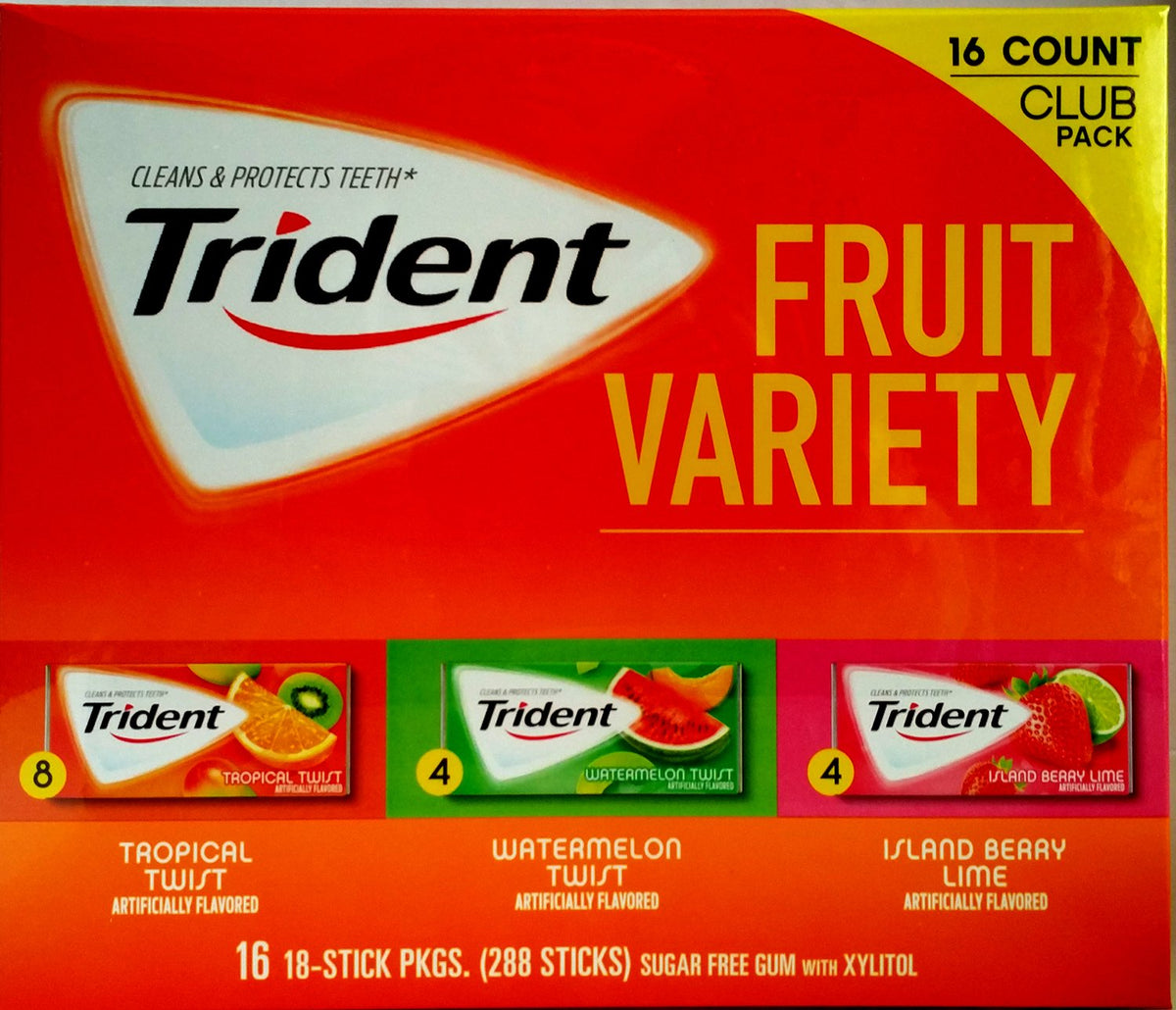Trident Fruit Variety Pack Sugar Free Gum, 14 Count, Pack Of 20