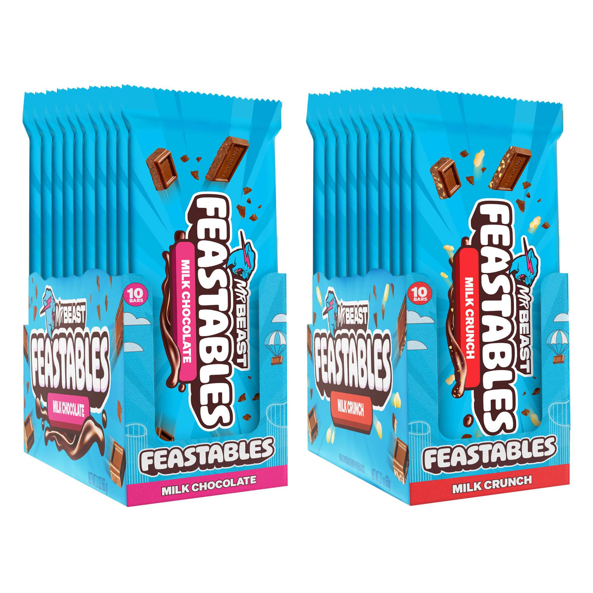 Feastables Mrbeast Combo Pack, King Size Milk Chocolate & Milk Crunch Bars, 10 Each, Candy Bars For Mature-Themeds & Kids, Candy Bar For Snacks, Gifts, Or Dessert, Fairtrade Cocoa, 2.1 Oz Each, 20 Count