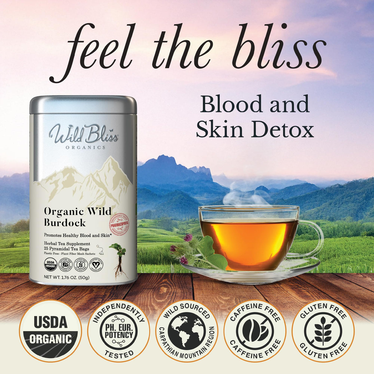 Wild Bliss Organic Burdock Root Tea - Caffeine Free Herbal Detox Support - Pharmacopoeia Quality - 25 Plant Based Tea Bags