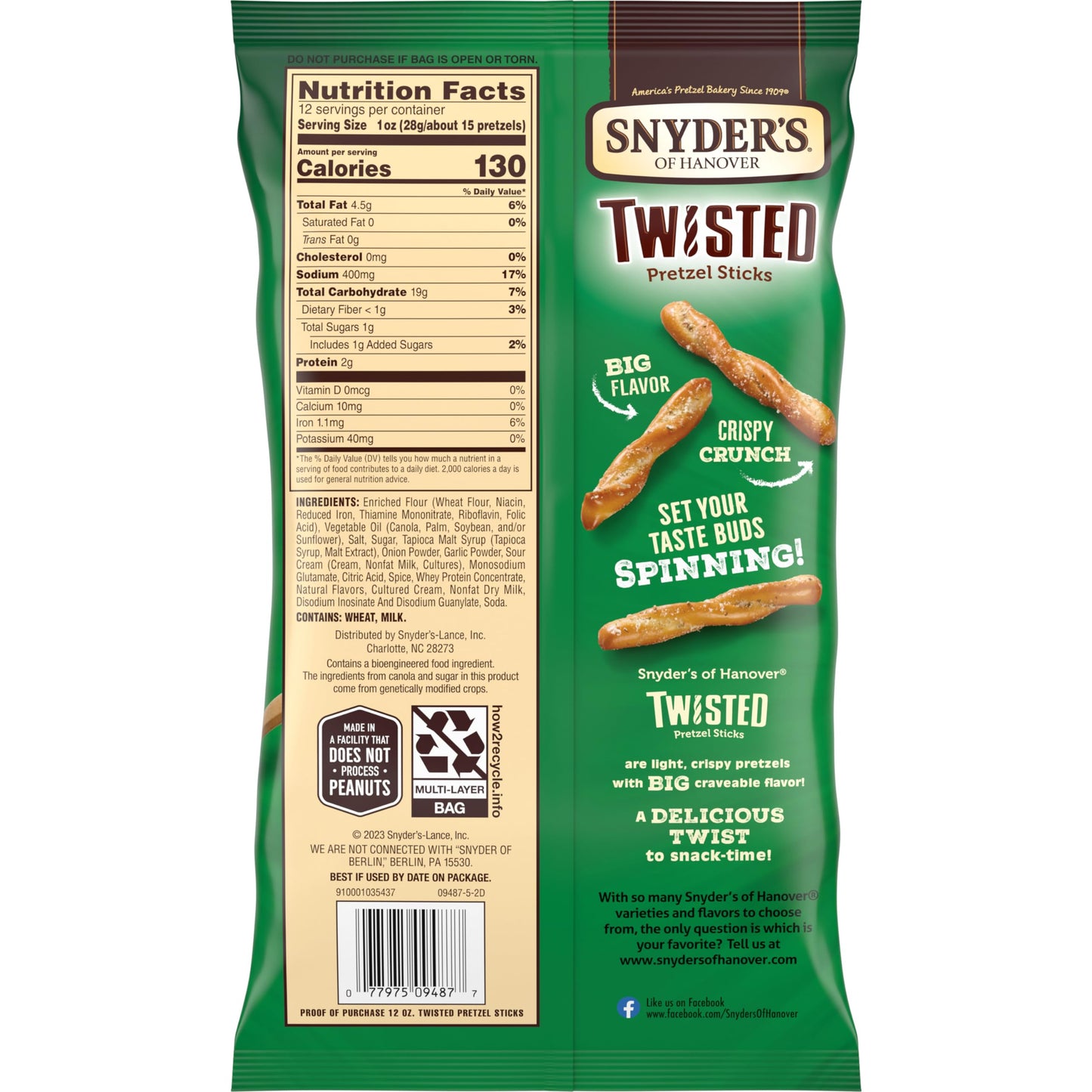 Snyders of Hanover, Sour Cream & Onion Twisted Pretzel Sticks, 12 Oz Bag (Pack of 12)