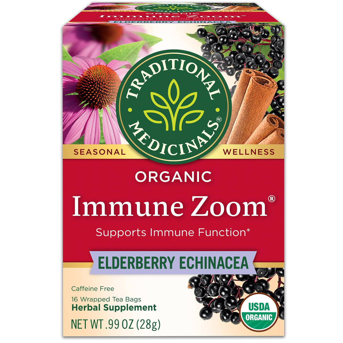 Traditional Medicinals Organic Immune Zoom Tea, Elderberry Echinacea, 16 Tea Bags