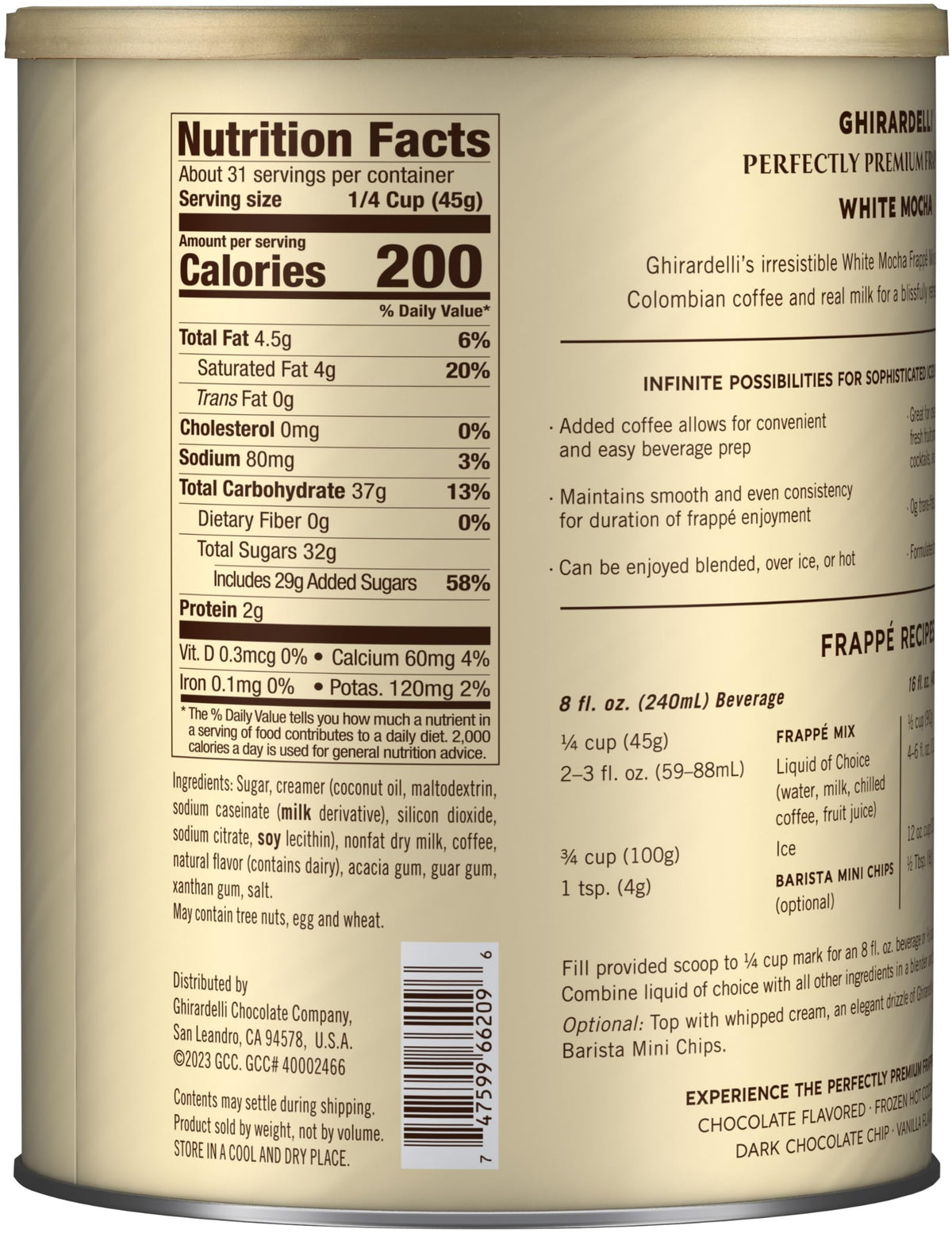 Ghirardelli White Mocha Premium Frappé Mix, 50 Ounce Can, Includes Stamped Barista Spoon