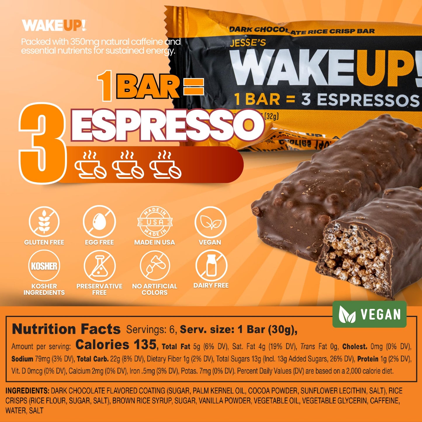 Wake Up!™ Chocolate Caffeinated Protein Bars – 350 Mg Clean Caffeine (1 Bar = 3 Espressos) • Vegan, Gluten-Free, Kosher • Plant-Based Energy + Protein • On-The-Go Focus & Endurance