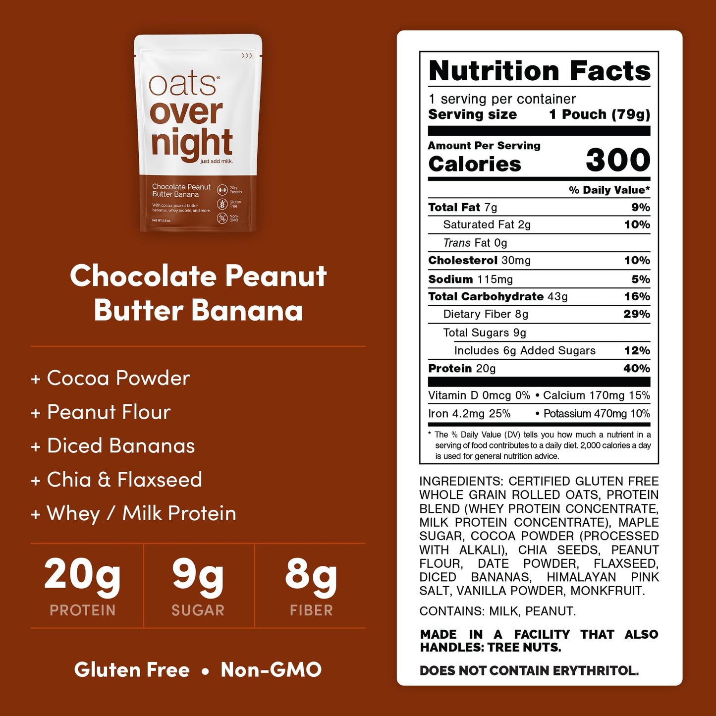 Oats Overnight Chocolate Peanut Butter Banana Overnight Oats, 20g Protein, Gluten Free, 2.8 oz (Pack of 16)