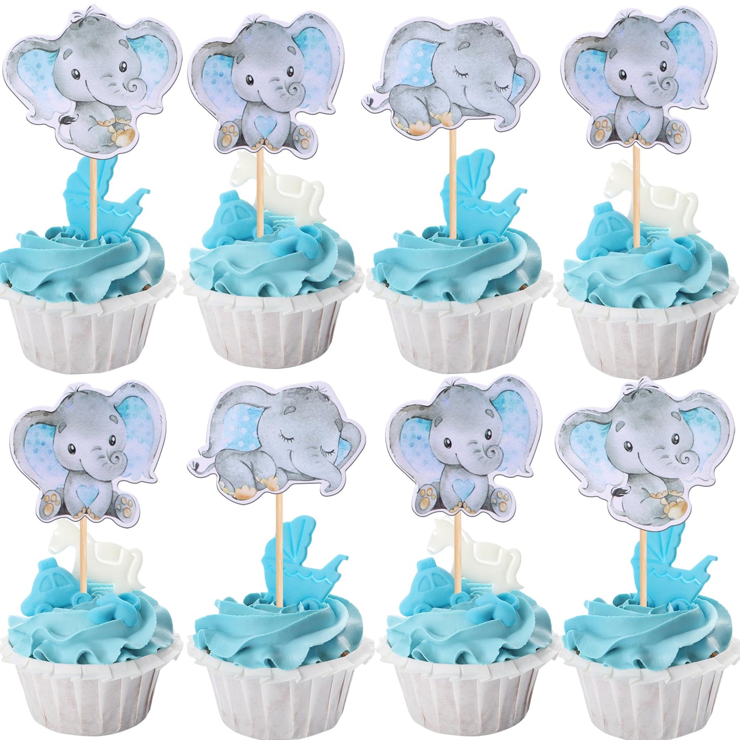 YCTHUNFISH Elephant Cupcake Toppers - 36 Pack, Blue, Paper, Ideal for Birthday Parties and Baby Showers